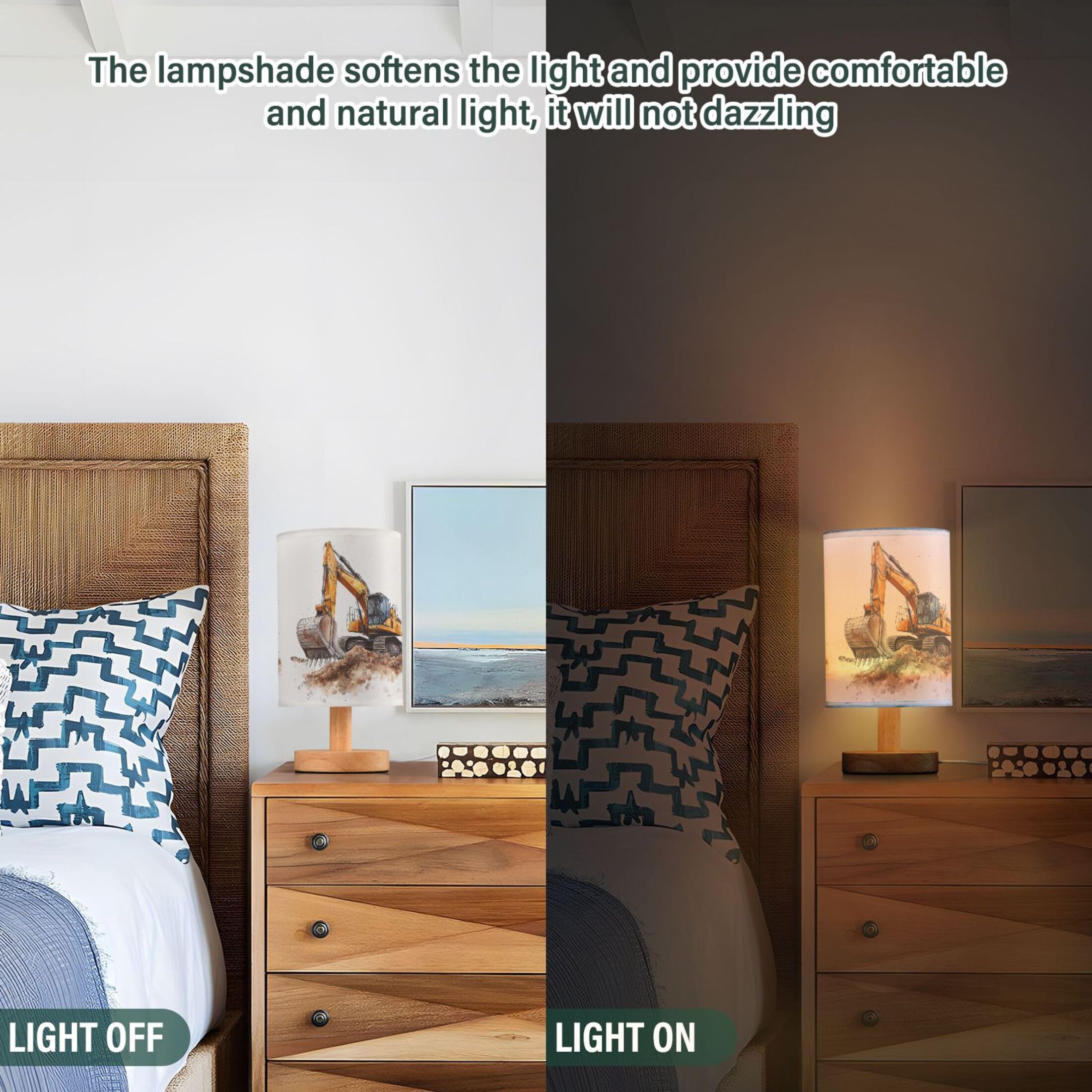 Yyzzh Table Lamp Construction Car Excavator Painting Nightstand Lamp With Wood Base Fabric Lamp Shade Bedside Desk Lamp For Living Room Bedroom Kids Room Office