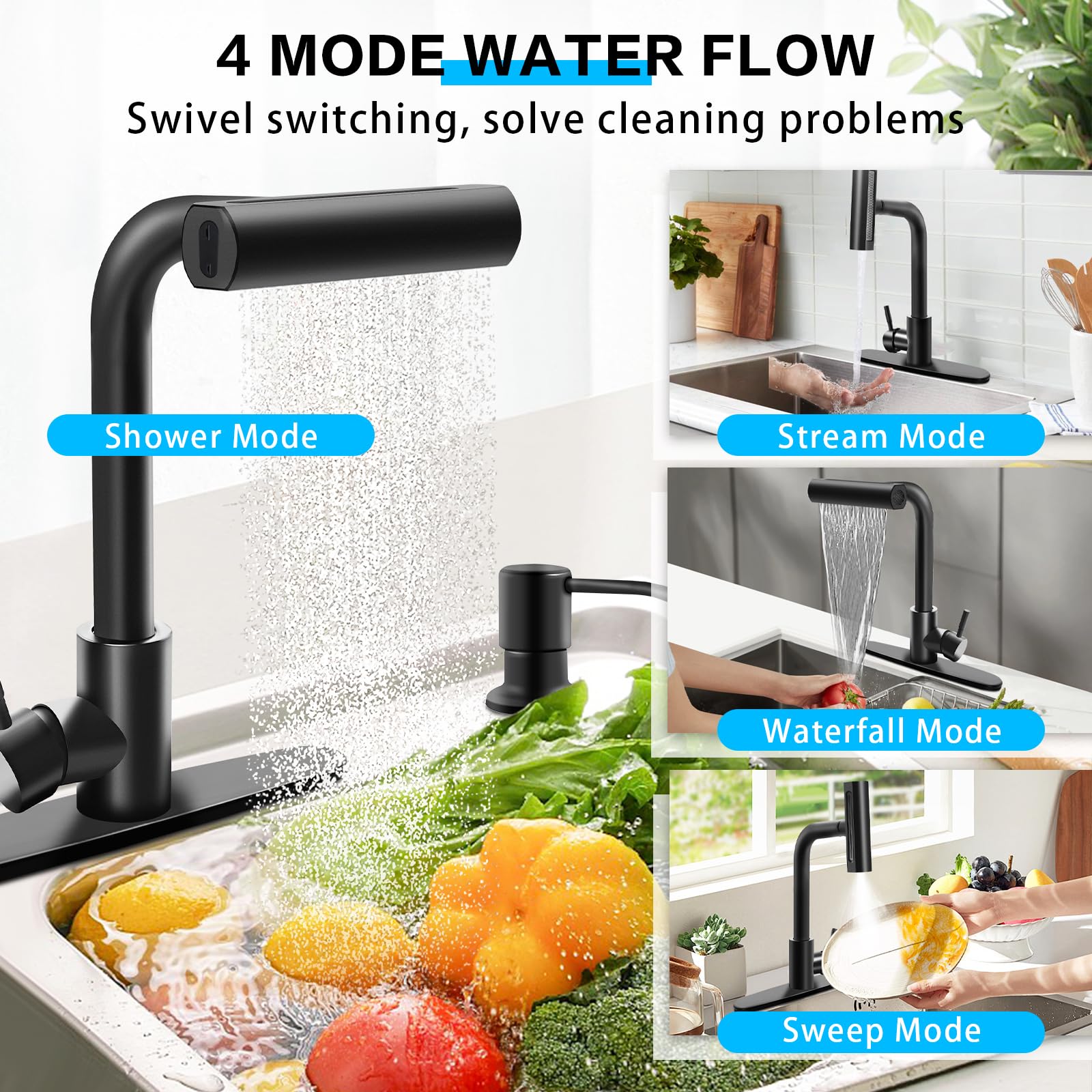 Wuevu Kitchen Faucets With 4 Modes Pull Down Sprayer, Matte Black Kitchen Sink Faucet With Soap Dispenser, Stainless Steel Modern Waterfall Faucet For Kitchen Sink, Bar, Laundry, Rv