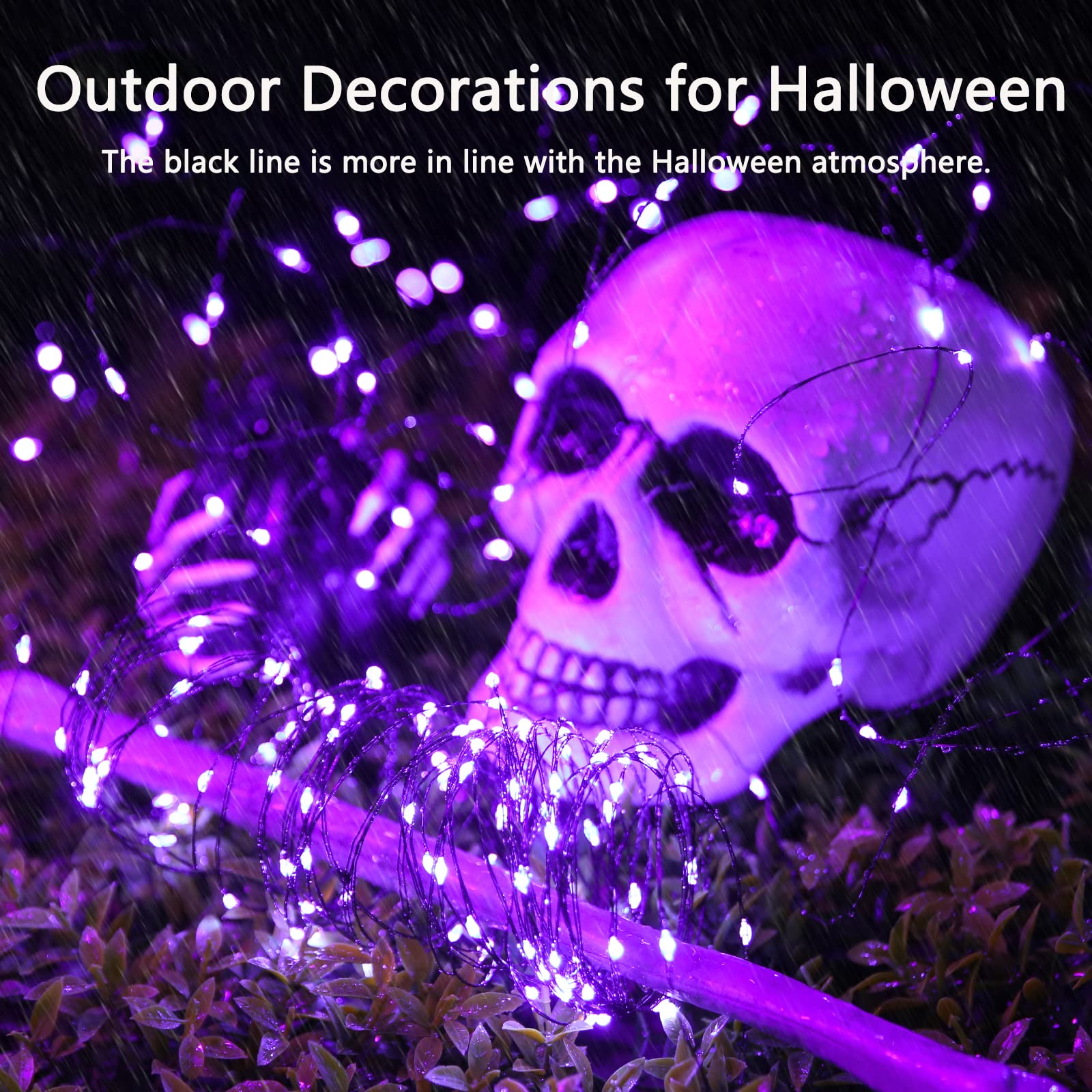 Lomotech 2 Pack Solar Halloween Lights, Total 66Ft 200Led Purple Halloween Fairy Lights Waterproof 8 Modes Twinkle Lights Outdoor For Halloween Party Diy Decoration Black Wire