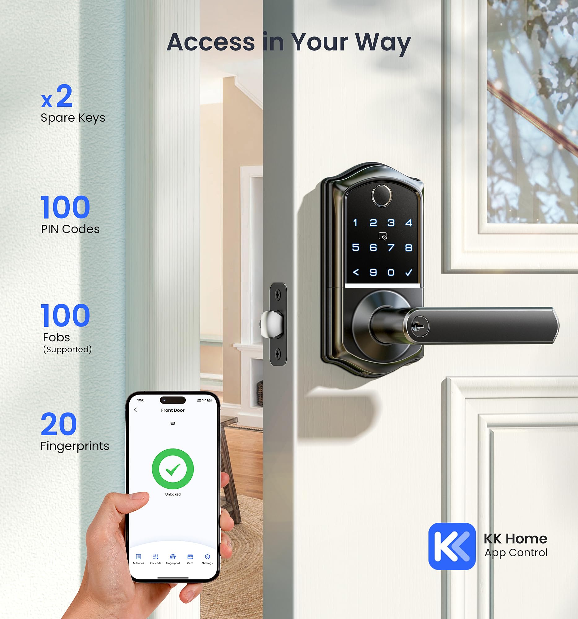 Veise Ve019 Fingerprint Smart Lock, 7-In-1 Keyless Entry Door Lock With Handle, App Control, Remotely Grant Access & Code, Electronic Keypad Smart Knob For Front Door, Easy Installation, Matte Black