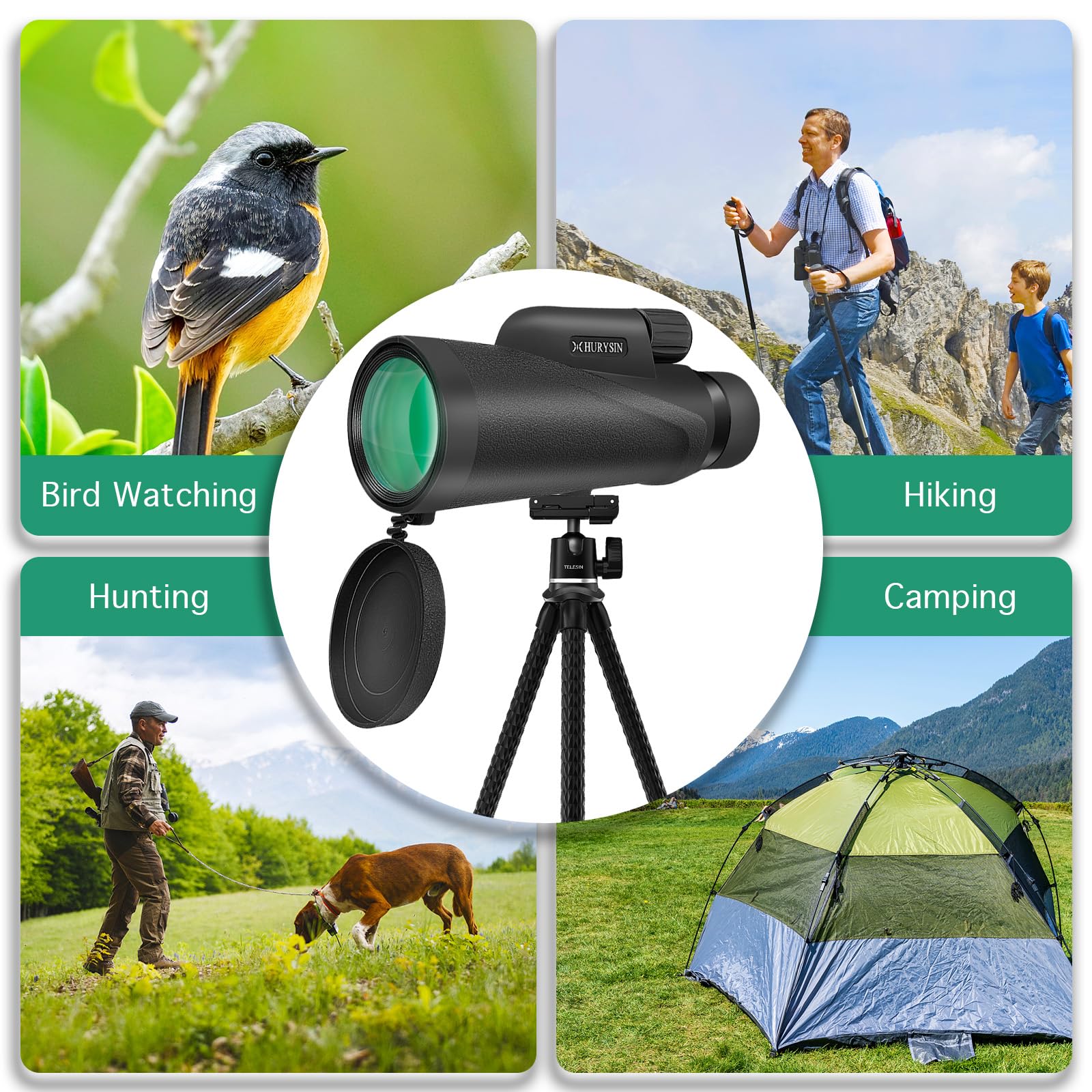 Hurysin 8X42 Monocular Telescope – Military-Grade, Compact, Waterproof & Fogproof, Nitrogen-Filled, Fmc Green Coated Optics, Bk7 Prism, Ideal For Bird Watching, Hunting, Camping & Wildlife Observation