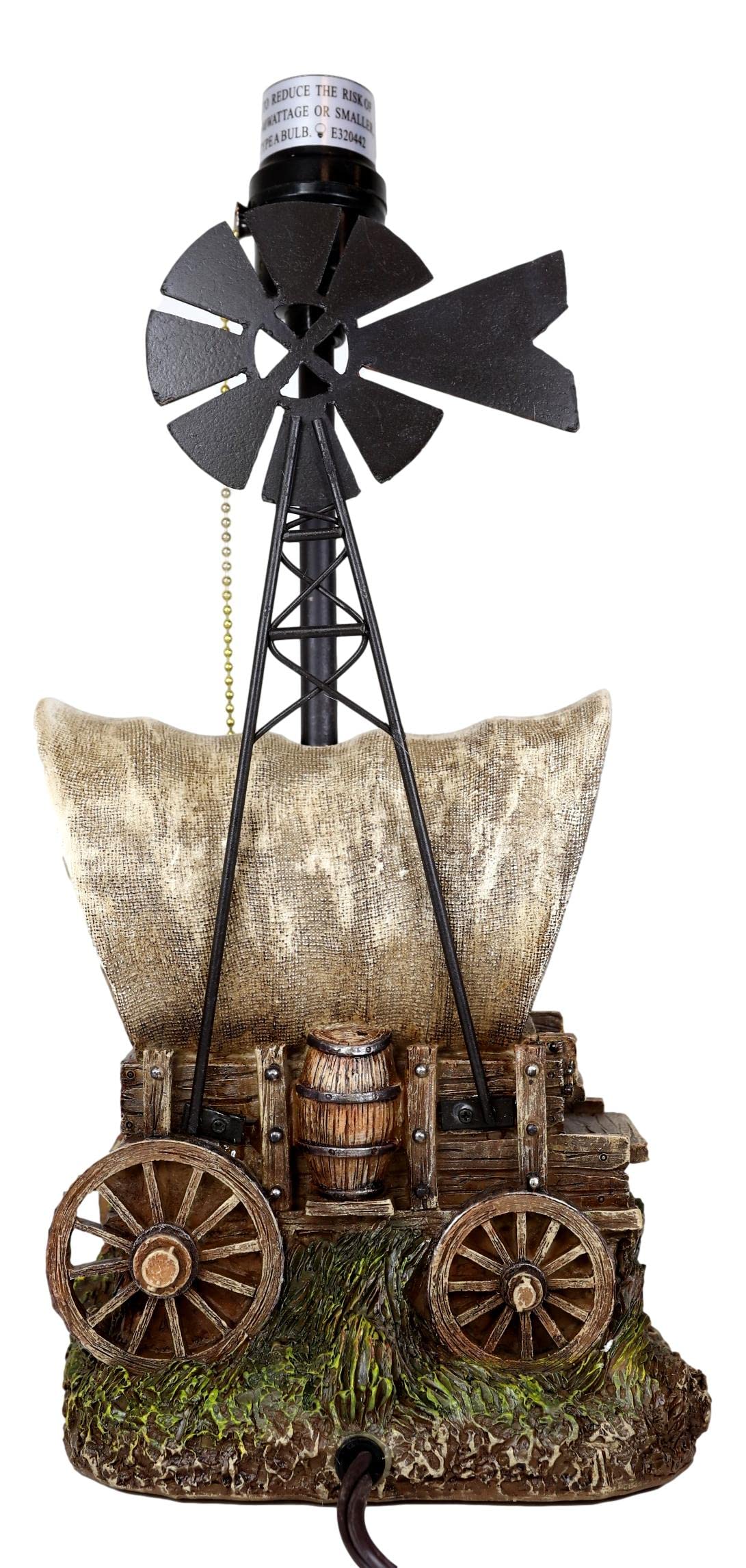 Ebros Gift Country Western Rustic Old Fashioned Covered Cargo Carriage Wagon Train With Farm Windmill Hand Painted Resin Desktop Table Lamp With Brown Faux Leather Laced Shade Home Decor Accent