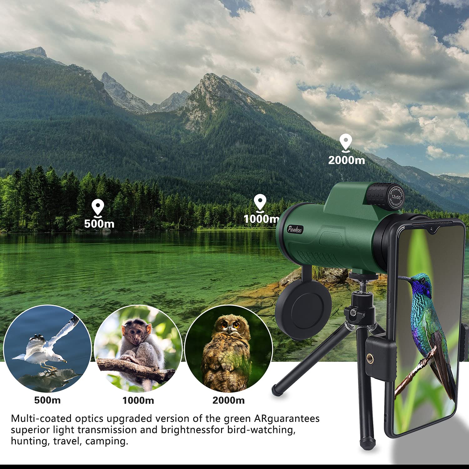 Pankoofamily 12X50 Hd Monocular High Power Monocular Telescope For Adults, Monoculars For Wildlife Bird Watching Hunting Camping Travel Scenery With Smartphone Holder & Tripod