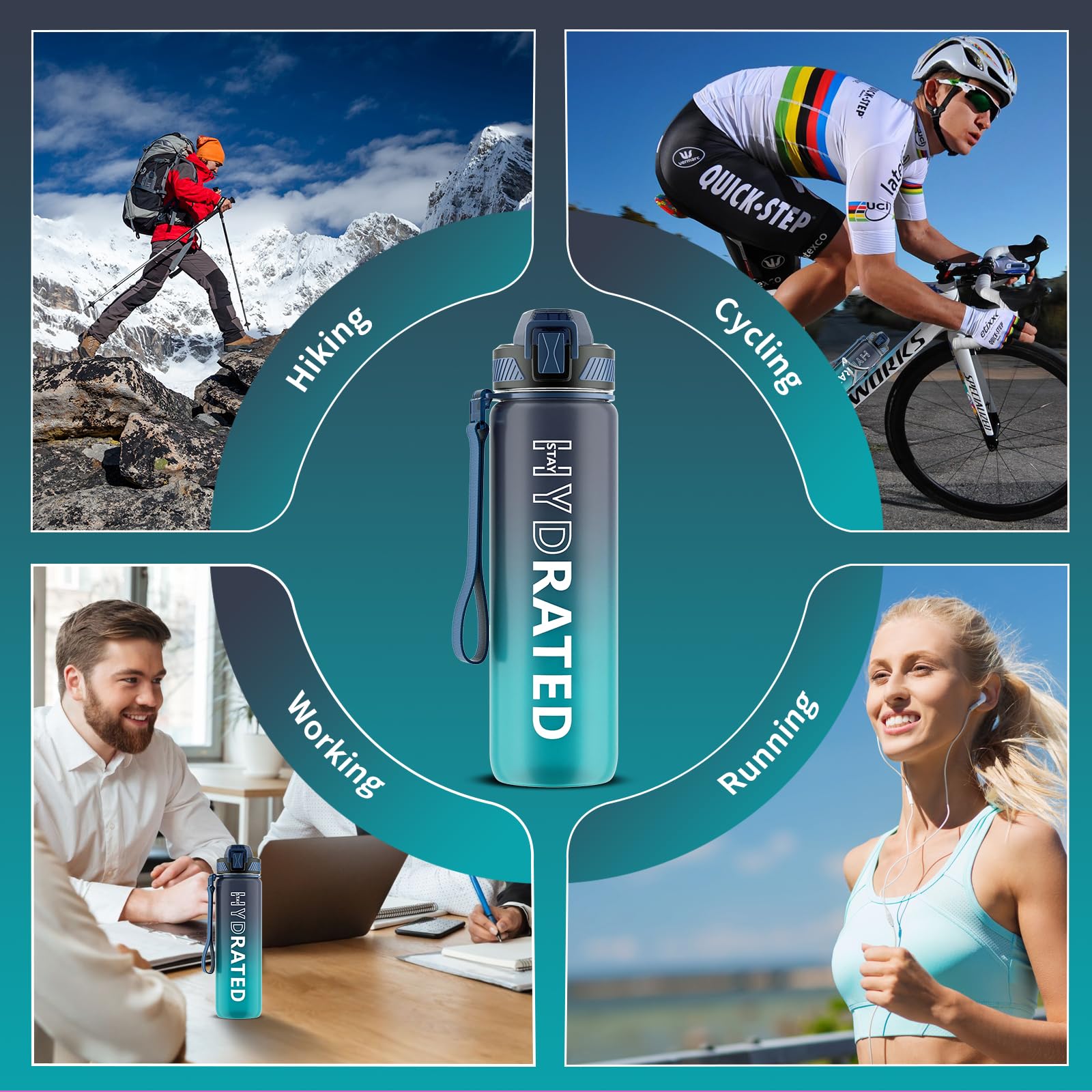 Water Bottle With Straw, 32Oz Motivational Water Bottles With Time Marker To Drink, Tritan