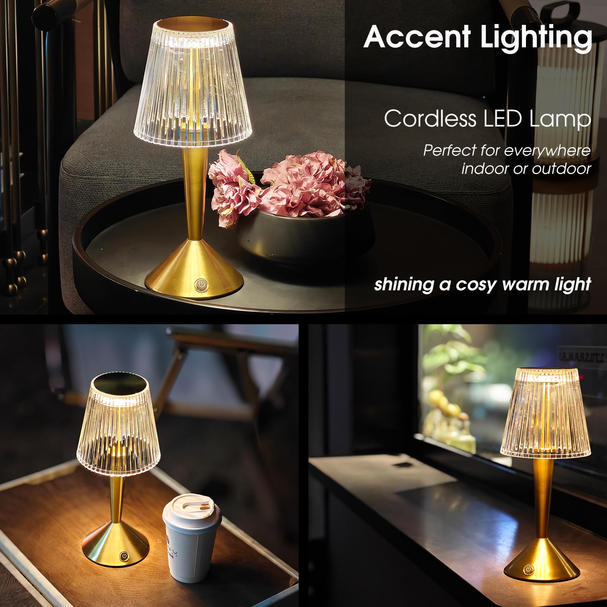 Oneskylumina Cordless Table Lamp, Gold Base, Clear Shade Touch Control Desk Lamp For Bedroom Living Room (Gold)