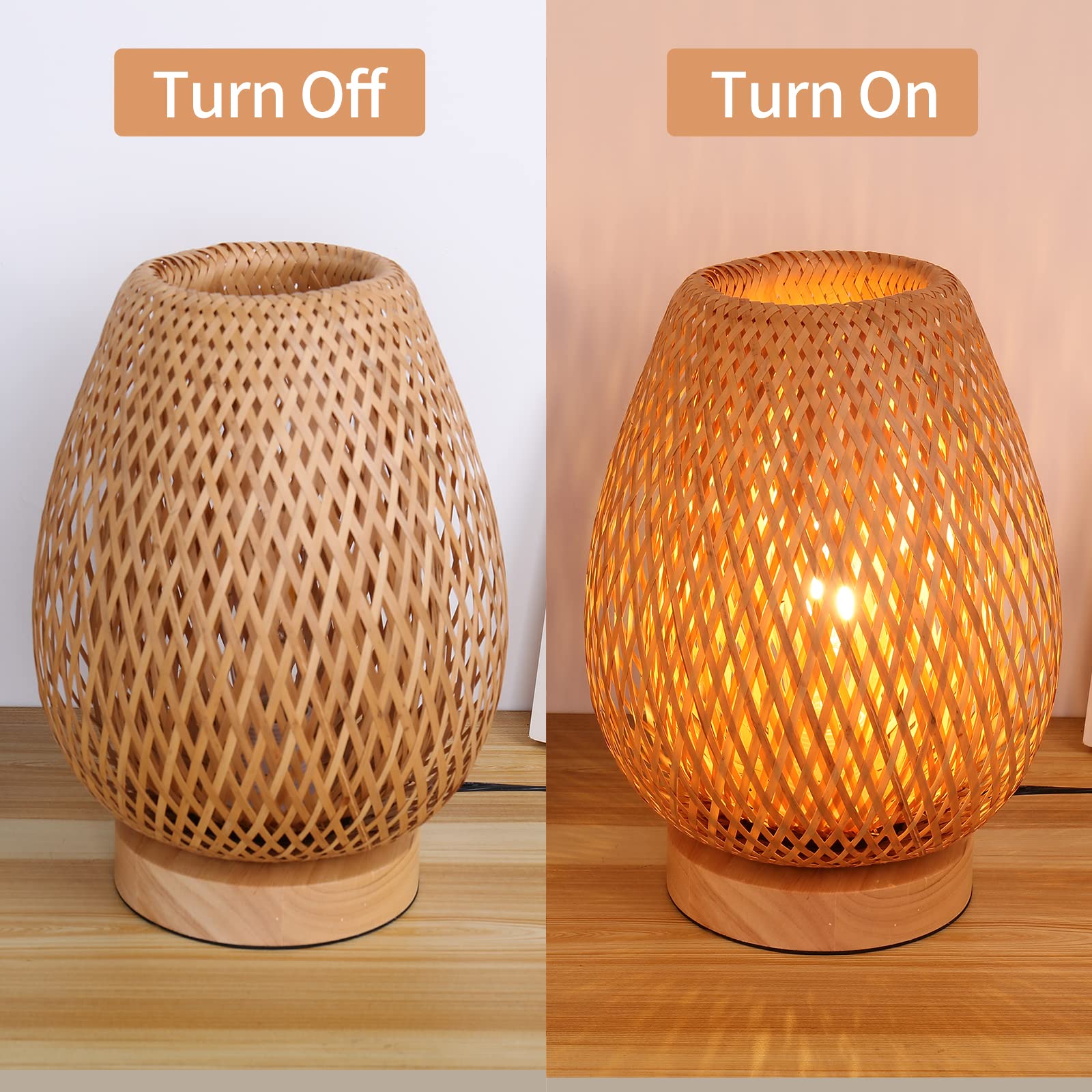 Walmhomie Handmade Boho Bamboo Table Lamp Wicker Woven Plug-In Desk Lamp, Boho Table Lights For Bedrooms Bedside Reading Light For Home Decor, 7.87''X11.81''