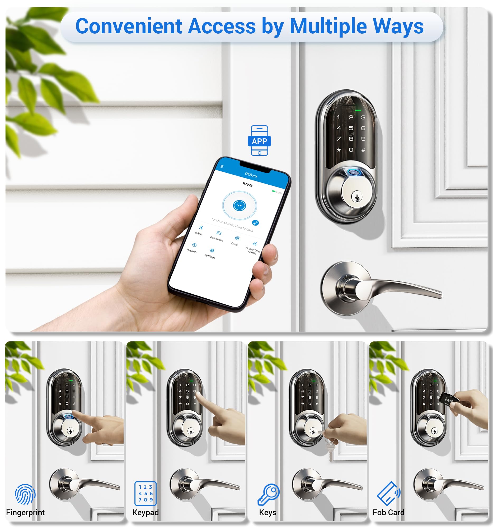 Veise Rz07B Smart Locks For Front Door, 2 Lever Handles, Fingerprint Keyless Entry, App Control Biometric Door Lock Set, Touchscreen Keypad Deadbolt, Easy Install, Auto Locking, Satin Nickel
