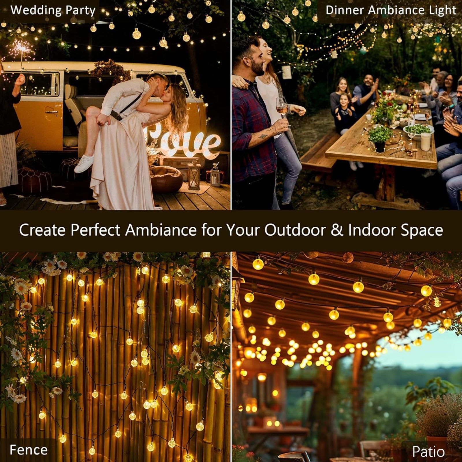 Joomer Solar Powered String Lights Waterproof,39Ft 60 Led Outdoor Solar String Lights Crystal Ball Lights 8 Modes Solar Globe Lights For Garden, Gazebo, Porch, Lawn, Patio, Tree Decor (Warm White)