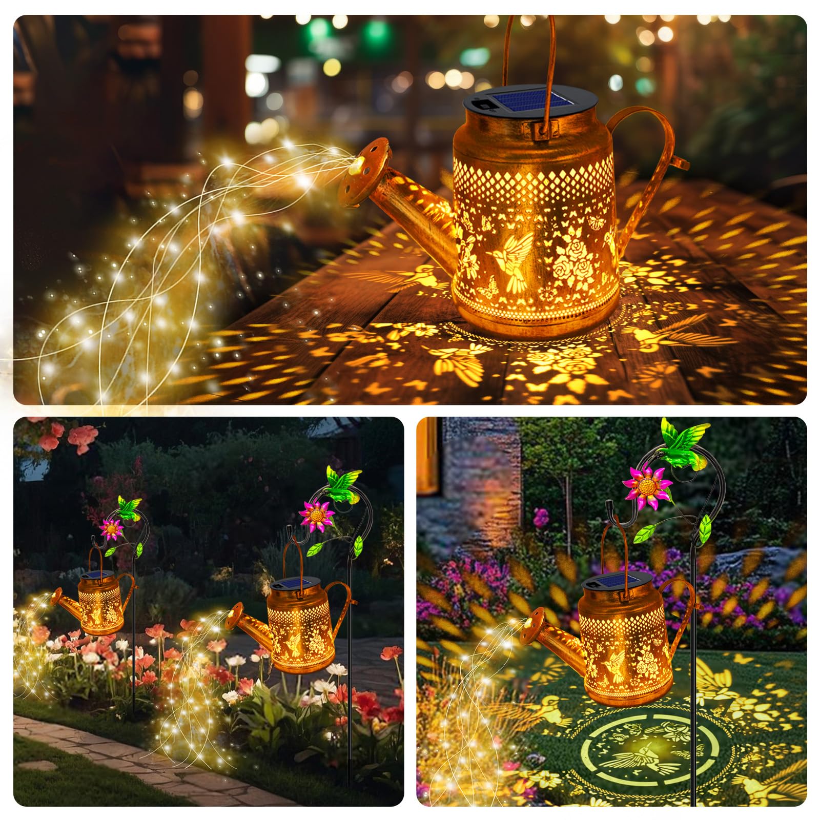 Yjfwal Solar Lanterns Outdoor Waterproof,Hummingbird Watering Can Garden Decor,Hanging Solar Path Lights Yard Art,Outside Patio Decorations Gardening Birthday  For Mom Grandma Women With Shepherd Hook