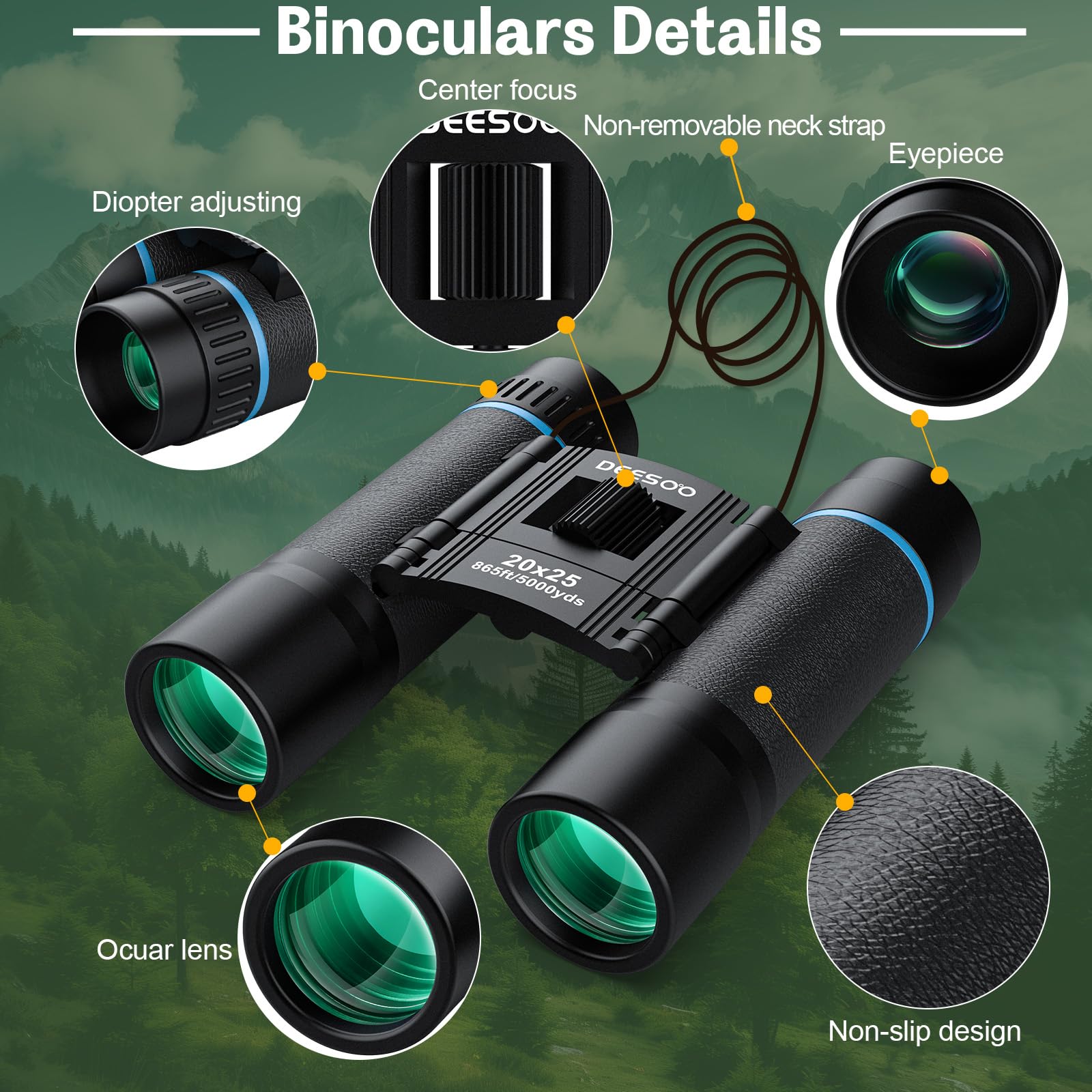 Deesoo 20X25 Binoculars For Adults High Powered - Compact Binoculars For Adults And Kids - Easy Focus For Bird Watching Cruise Travel Concerts Hiking