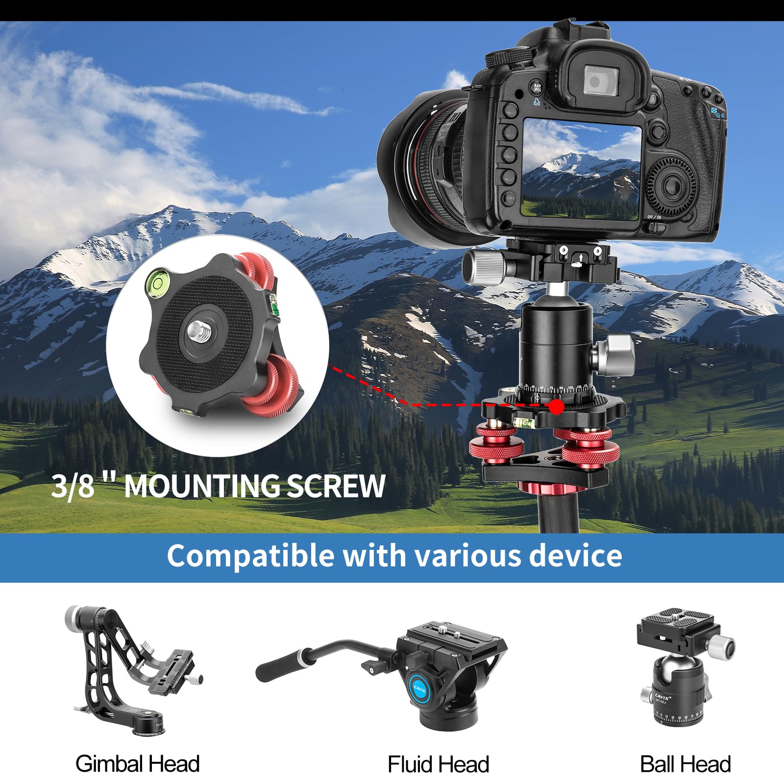 Camerig Tripod Head Leveling Base Camera Leveler, Aircraft Grade Aluminum Alloy 3 Axis Tri Wheel Head, 3/8” Thread, With +/-5 Degree Precision Adjustment For Dslr Camera Rotator Panoramic Head Lp-64