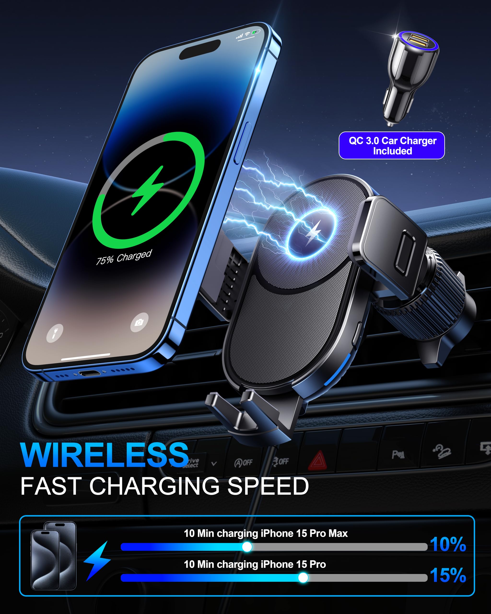 Guceful Wireless Car Charger, 15W Fast Charging Auto Clamping Car Phone Holder Wireless Charger Air Vent Car Phone Mount Fit For Iphone 15 14 13 12 Mini Pro Max 11 Xr Xs X, Samsung Galaxy S23 S22 S21+