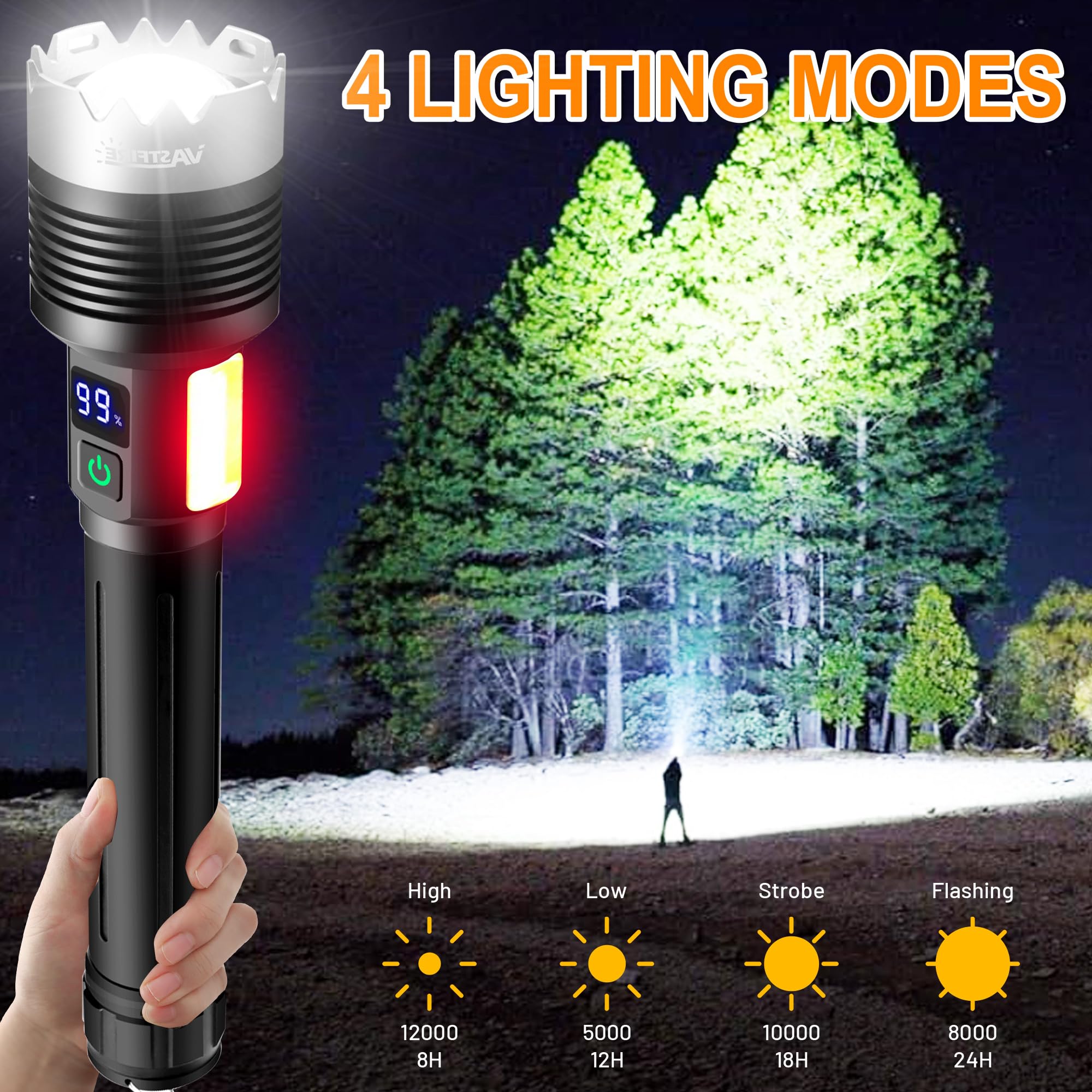 Vastfire Large Brightest Flashlight Aluminum Lumens, 10000Mah Battery, Power Display Best Flashlight  Rechargeable  Mini Uv Light