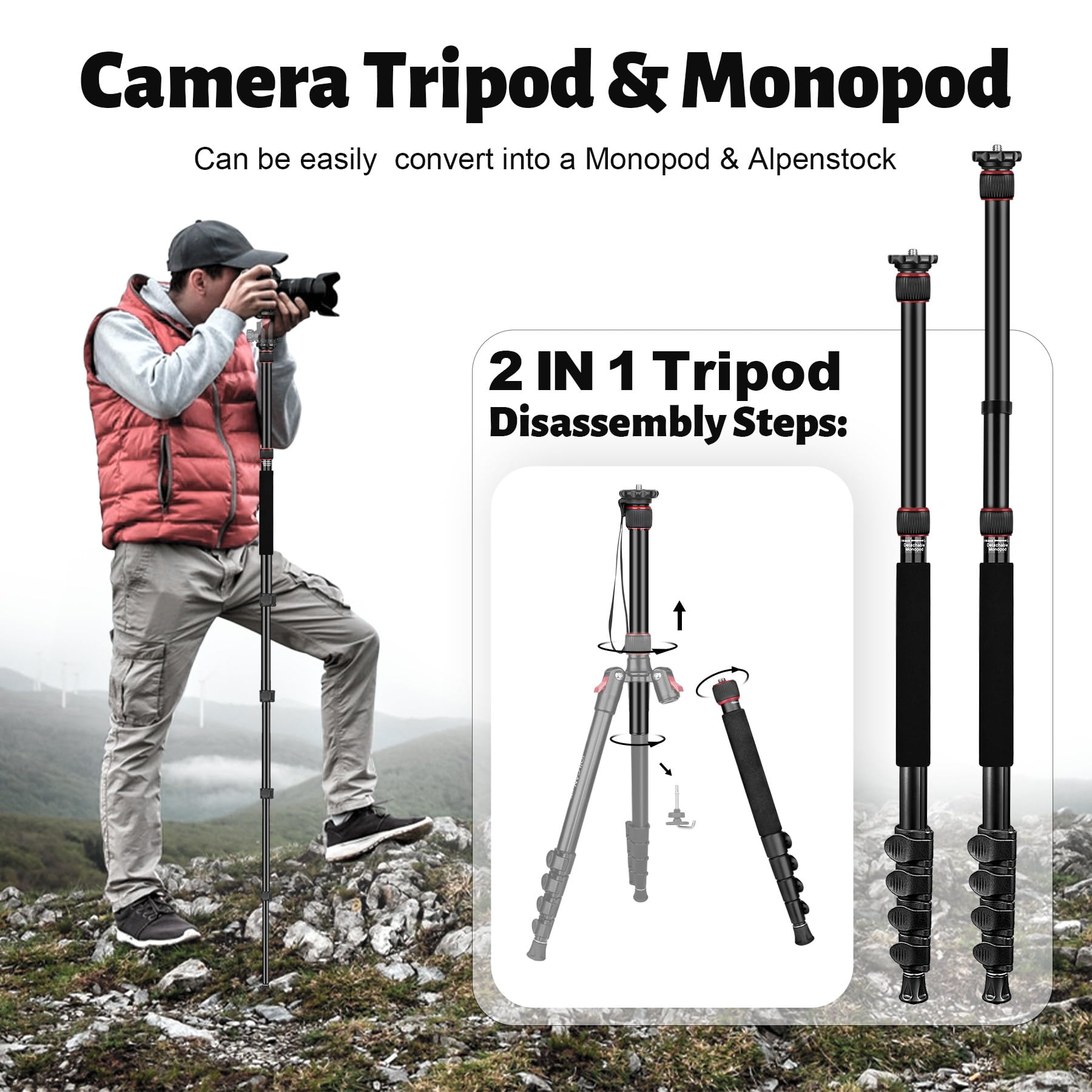 Joilcan Tripod For Camera, 74" Camera Tripods & Monopods, Professional Aluminum Tripod For Dslr Camera Phone, Compatible With 1/4"-20 And 3/8"-16 Video Head, Payload 35Lb