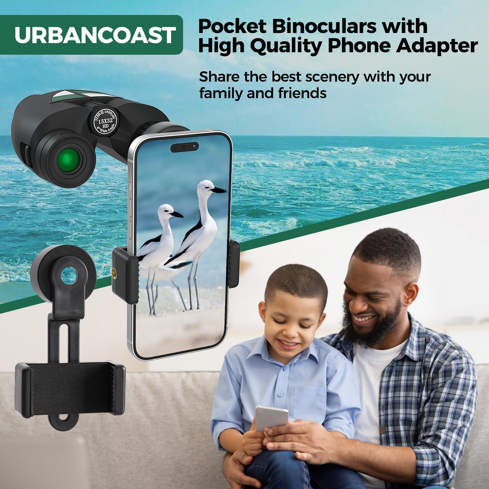 Urbancoast 15X32 Compact Binoculars For Adults And Kids, High Power Lightweight Small Binoculars With Phone Adapter For Concert Cruise Ship Hiking Bird Watching Travel Safari Viewing Football Sports
