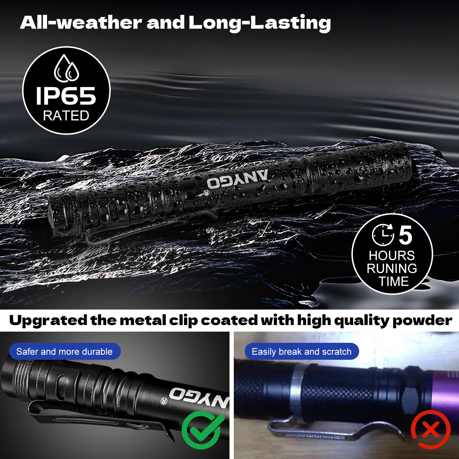 Anygo Pen Flashlights, Lightweight 150 Lumen Pocket Flashlight, Durable Aircraft-Grade Aluminum Pen Light Flashlight，Edc Flashlight & Mini Flashlight For Inspection, Work, Emergency, Batteries Include