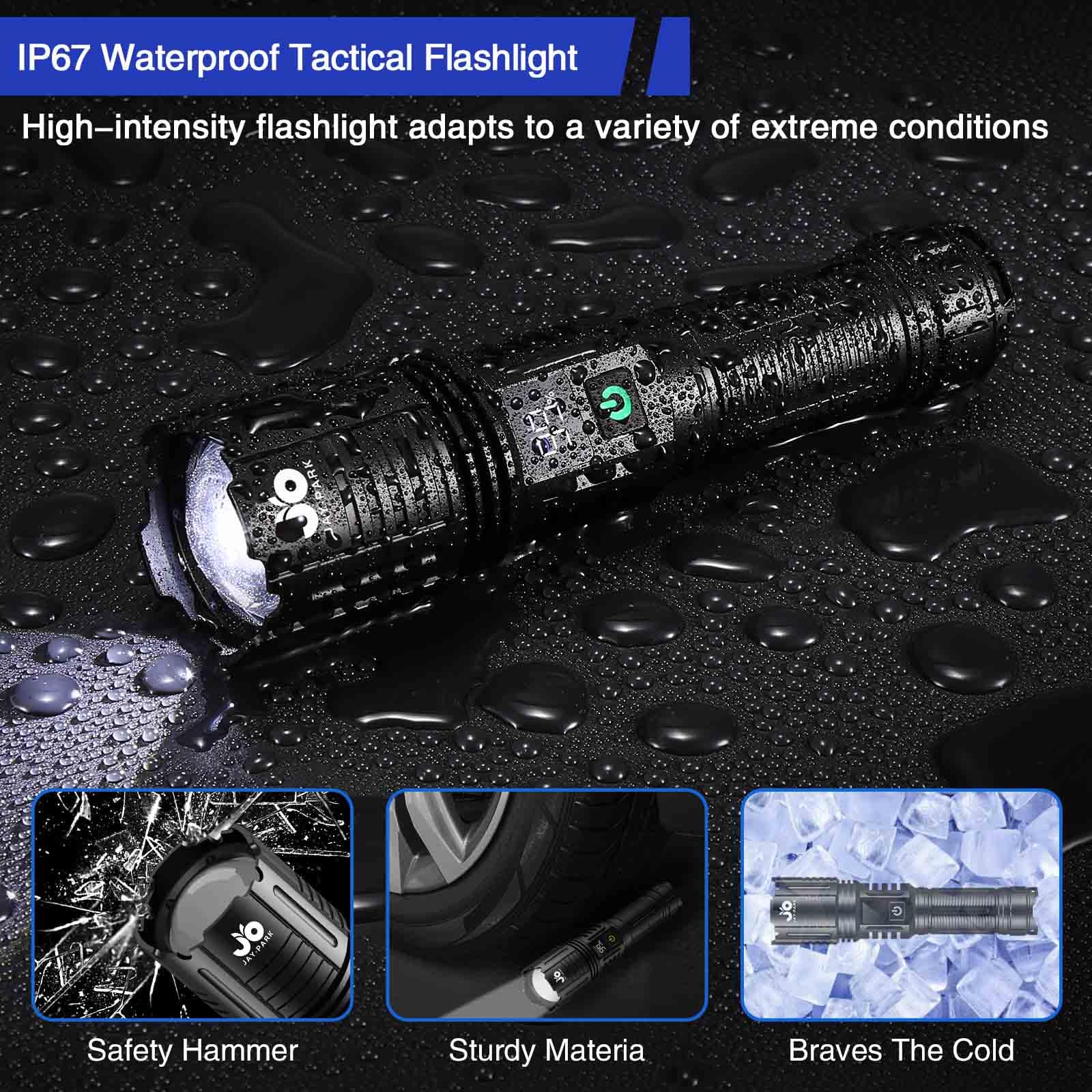 Jay-Park Rechargeable Flashlights 1000000 Lumen, Led Flashlight With Digital Power Display And Zoomable, Flashlights High Lumen Super Bright Long Distance For Camping, Bushcraft, Outdoor
