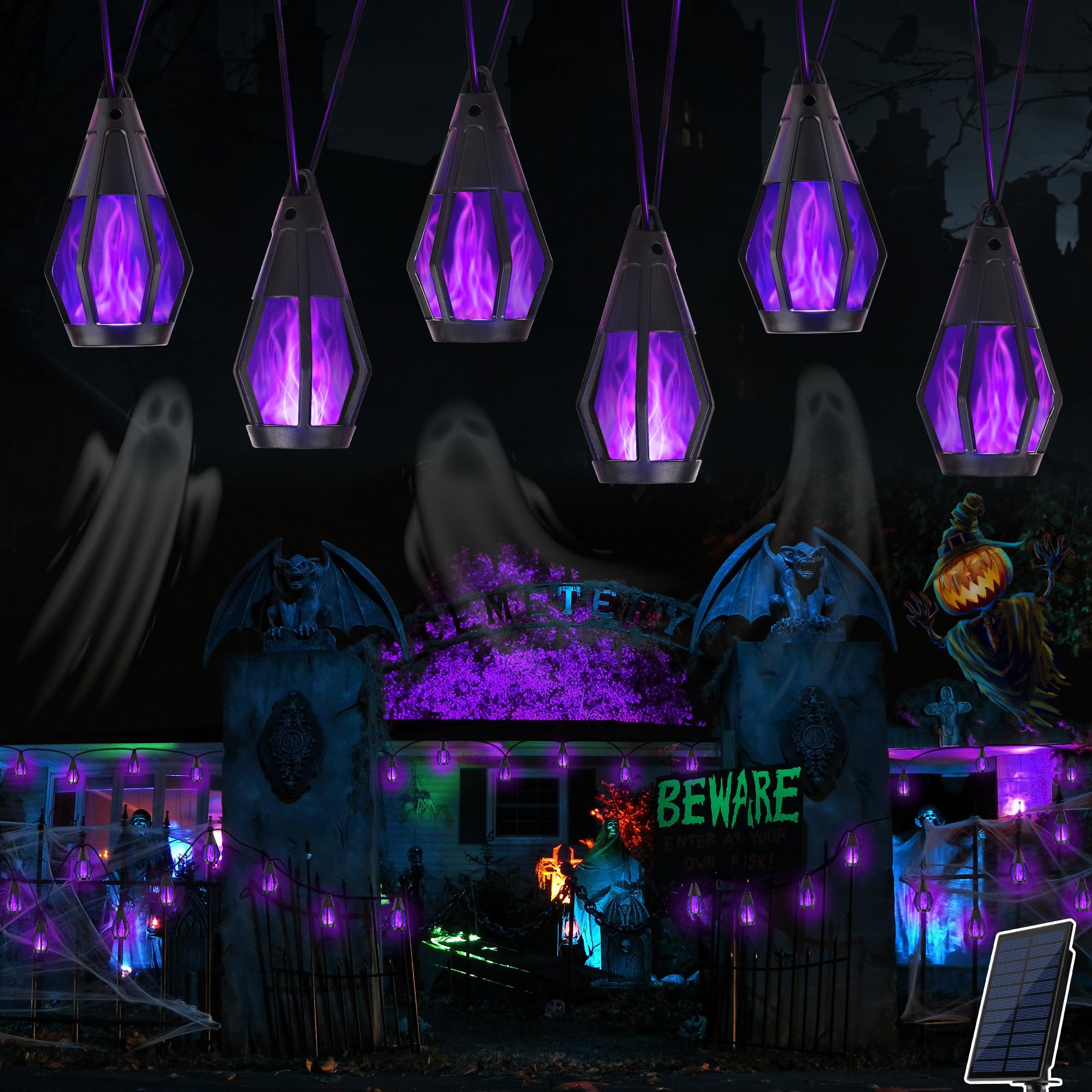 Jnaurb Solar Halloween Lights Outdoor, 13Ft Outdoor String Lights With 10 Flickering Flame Bulb, Waterproof Solar Powered Purple Halloween Lights Led Flame Lights For Halloween Decorations Yard Patio Garden