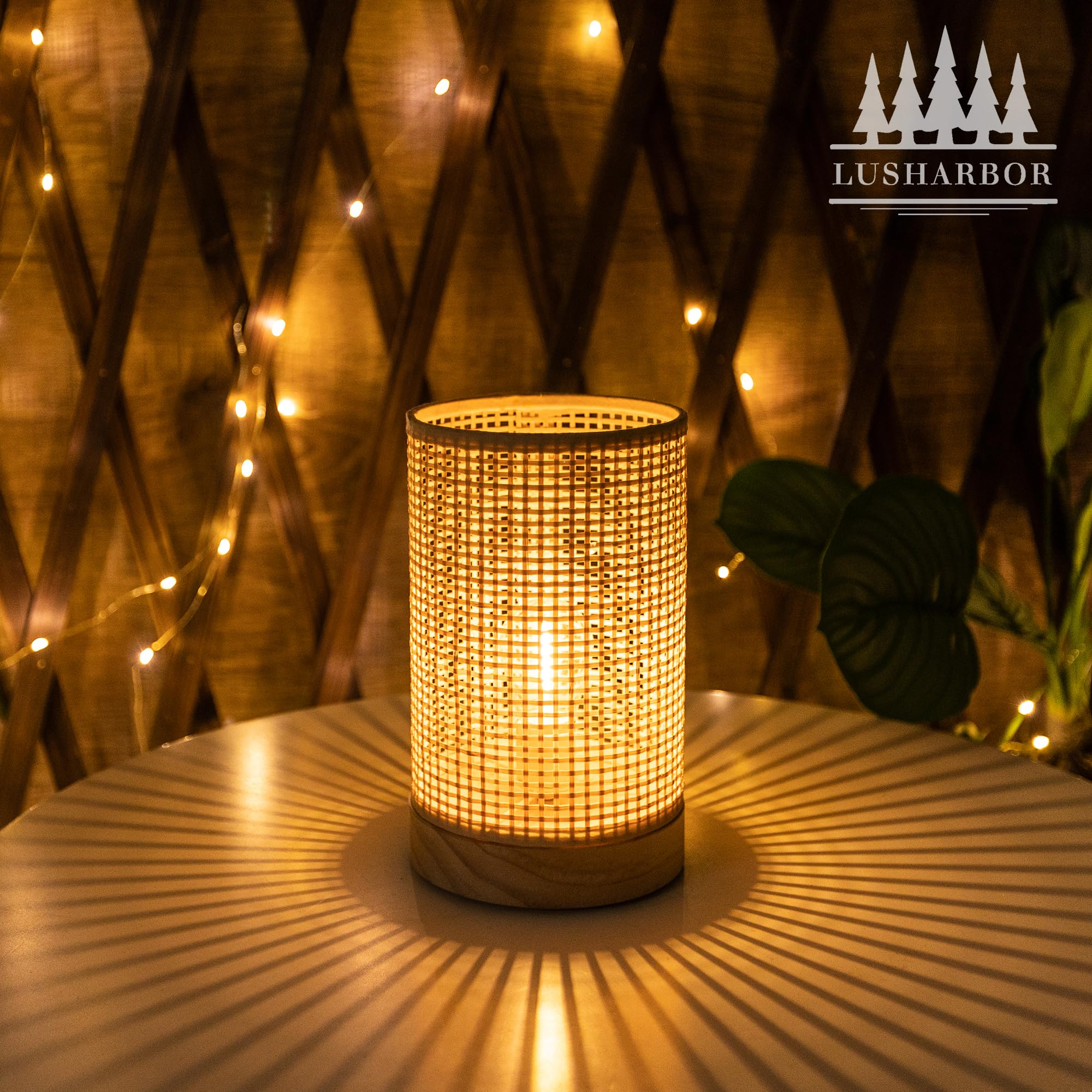 Lusharbor Battery Operated Lamp With Timer, Rattan Boho Table Light Battery Powered Beside Lamps Small Cordless Lamp For Kids Room Entryway Home Decor