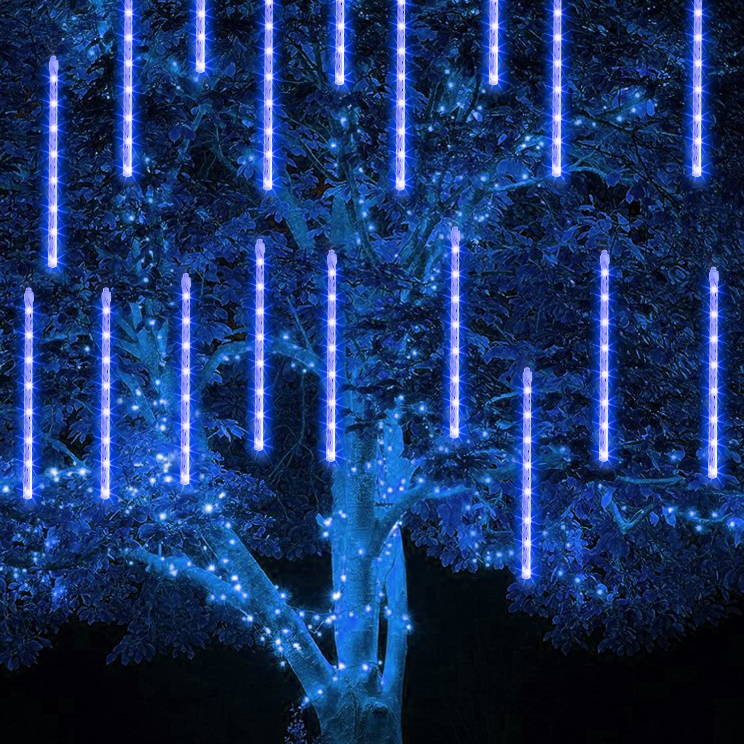 Tw Shine Christmas Lights Outdoor, 288 Led 12" 8 Tubes Meteor Shower Lights Outdoor Christmas Decorations Plug In, Waterproof Snow Falling Rain Icicle Xmas Lights For Tree Decor, Blue