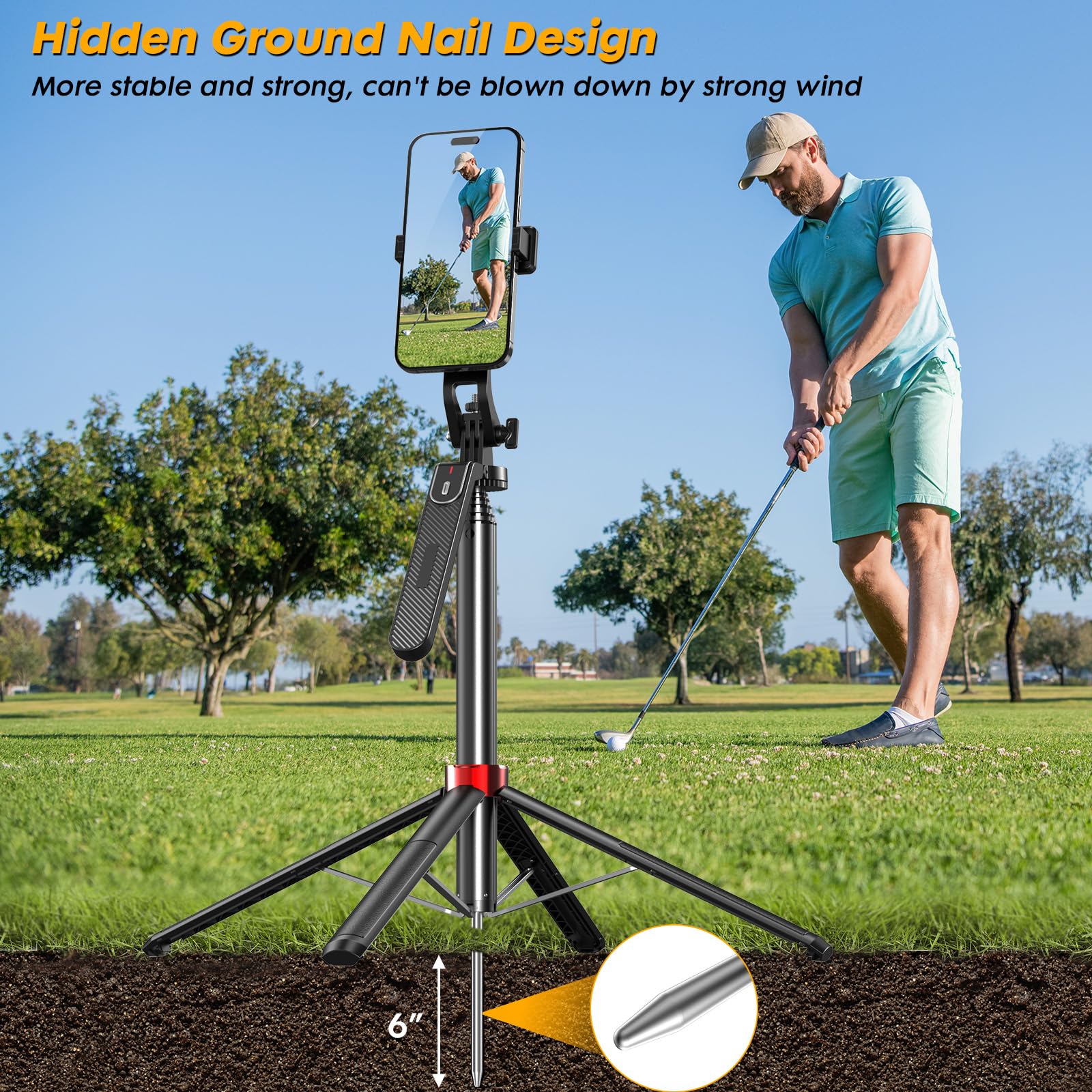 Fuiczsn 70" Phone Tripod & Selfie Stick For Golf Swing, Extendable Cell Phone Tripod Stand With Ground Stakes, Wireless Remote And Phone Holder, Golf Training Aid -Compatible With Iphone Android Phone, Camera