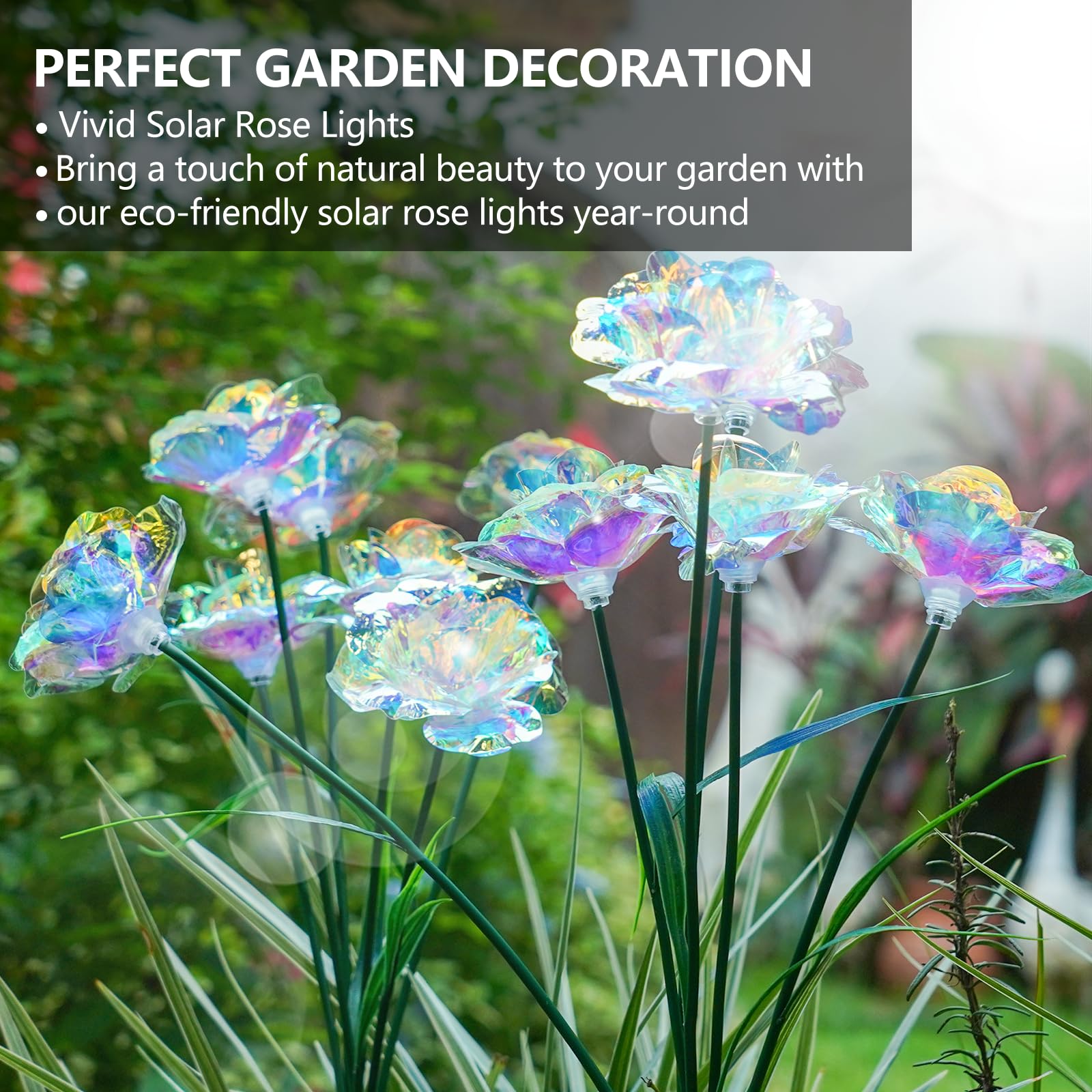 Flumy Solar Lights For Outside Gardening Supplies,Cemetery Decoration,Garden Decoration，Christmas Decoration，Solar Lights Outdoor Waterproof Rose Flowers 8-Head Garden Lights 2 Pack