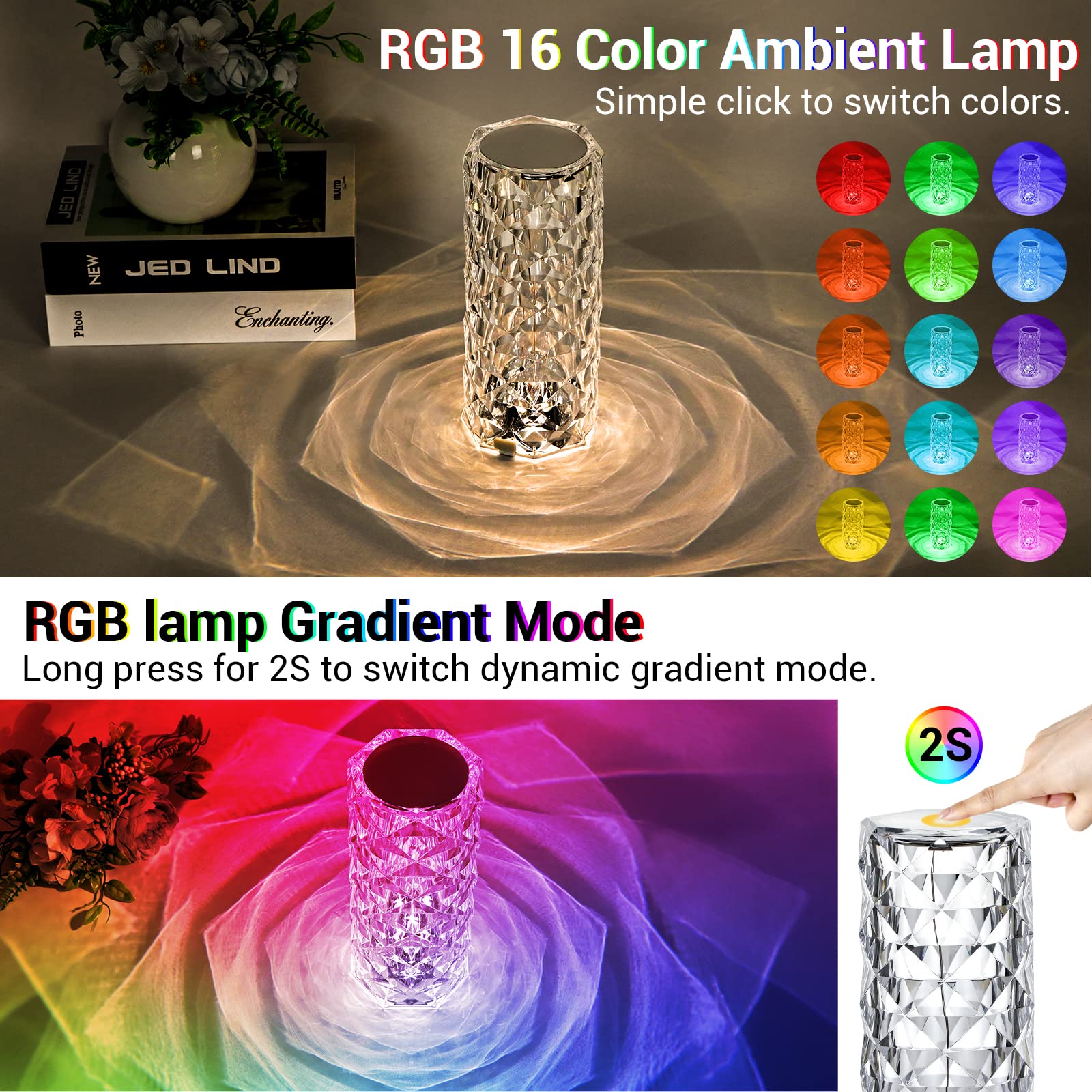 Best World Led Rose Lamp, Touch Control, Crystaltable Lamp With 16 Colors,Rgb Night Light Usb & Remote Control,Led Diamond Touch For Bedroom, Rechargeable Light, Birthday