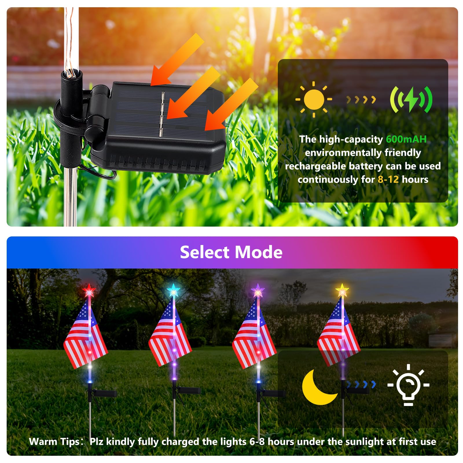Kaitesla July 4Th Decorative Solar American Flag Lights July 4Th Solar Patriotic Flag Lights, 2 Modes Garden Pile Lights Led Landscape Lights Street Lights (Color Change), Xy-T001