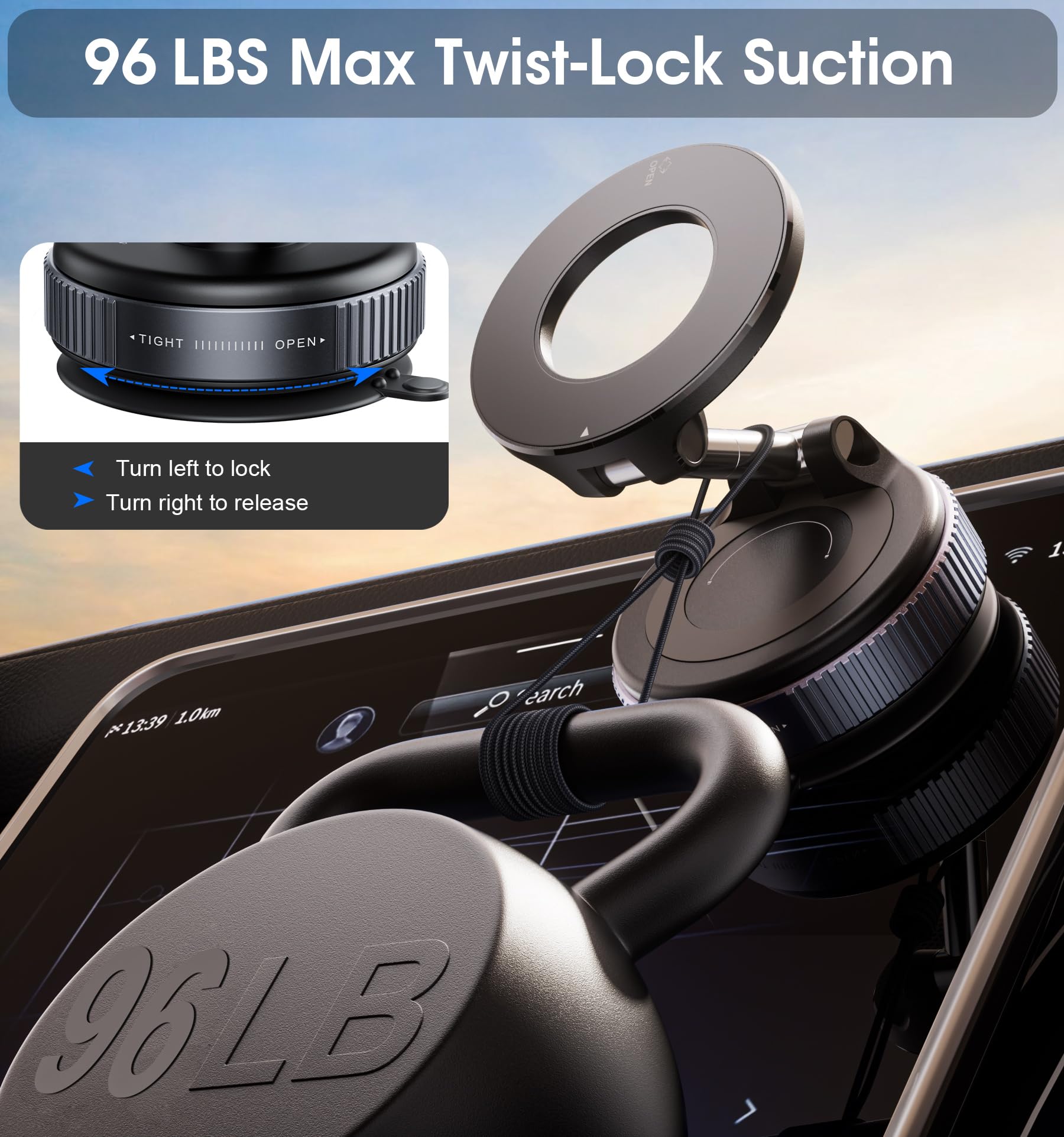 Reokily   Vacuum Magnetic Car Phone Holder 360° Reinforced 96Lbs Ultra Suction Cup Phone Mount For Magsafe Cell Phone Holders For Your Car/Gym/Mirror Mount For Iphone & Android