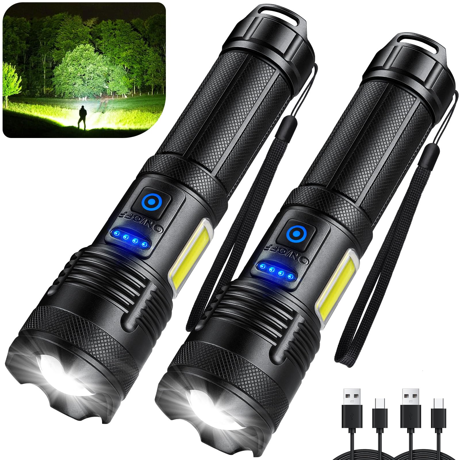 Kingcaesar Flashlights 3000 High Lumen - 2 Pack, Ultra Bright Rechargeable Flashlight With 7 Light Modes, Led Flash Light With 2  2750 Mah Βattery, Ipx7 Waterproof For Home Camping