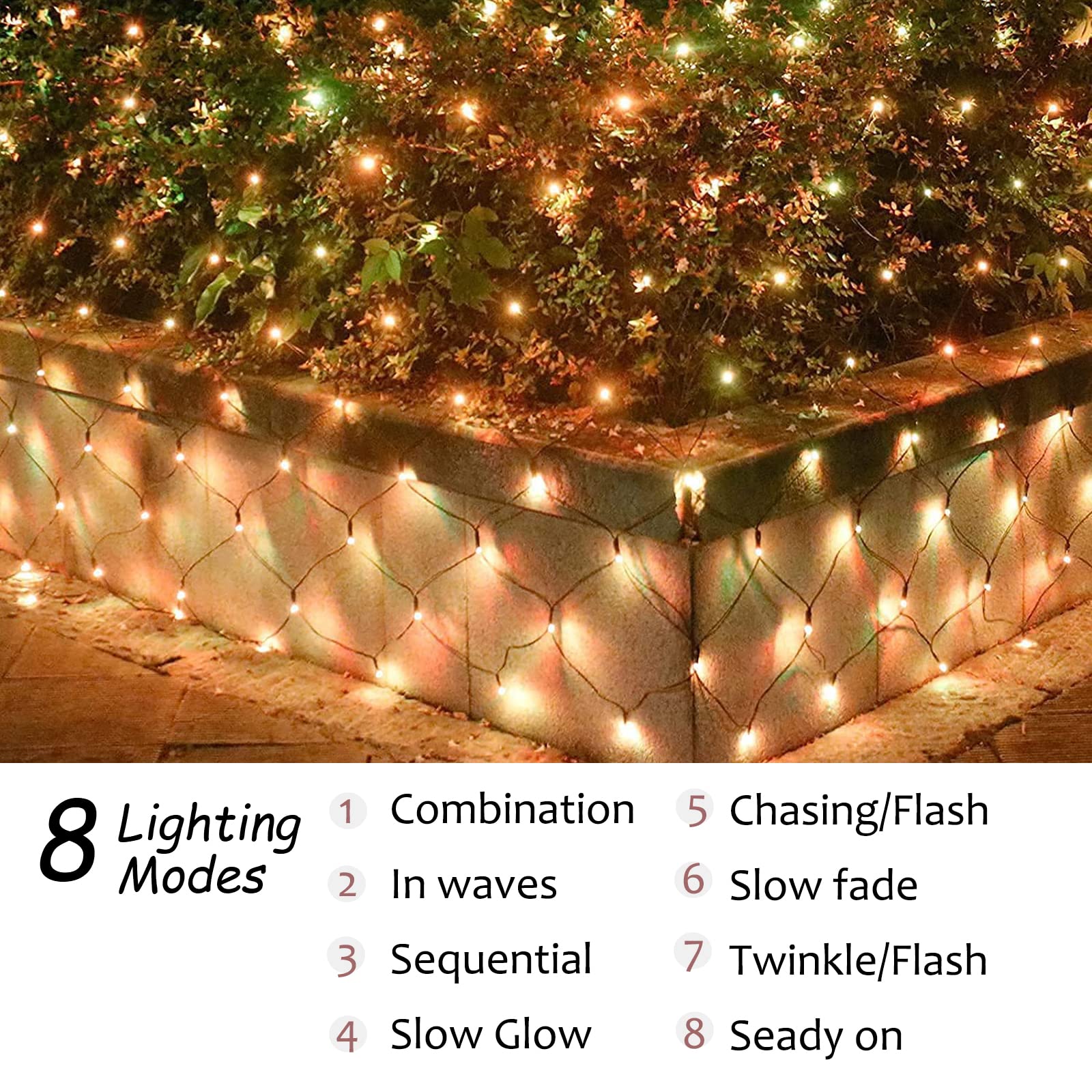 Funnite 11.5Ft X 5Ft Solar Net Lights, Outdoor Mesh Lights 240Led Waterproof 8 Mode With Remote 2 Power Supply String Light Plug In For Bushes Trees Garden Wall Patio Christmas Indoor Decor (Warm White)