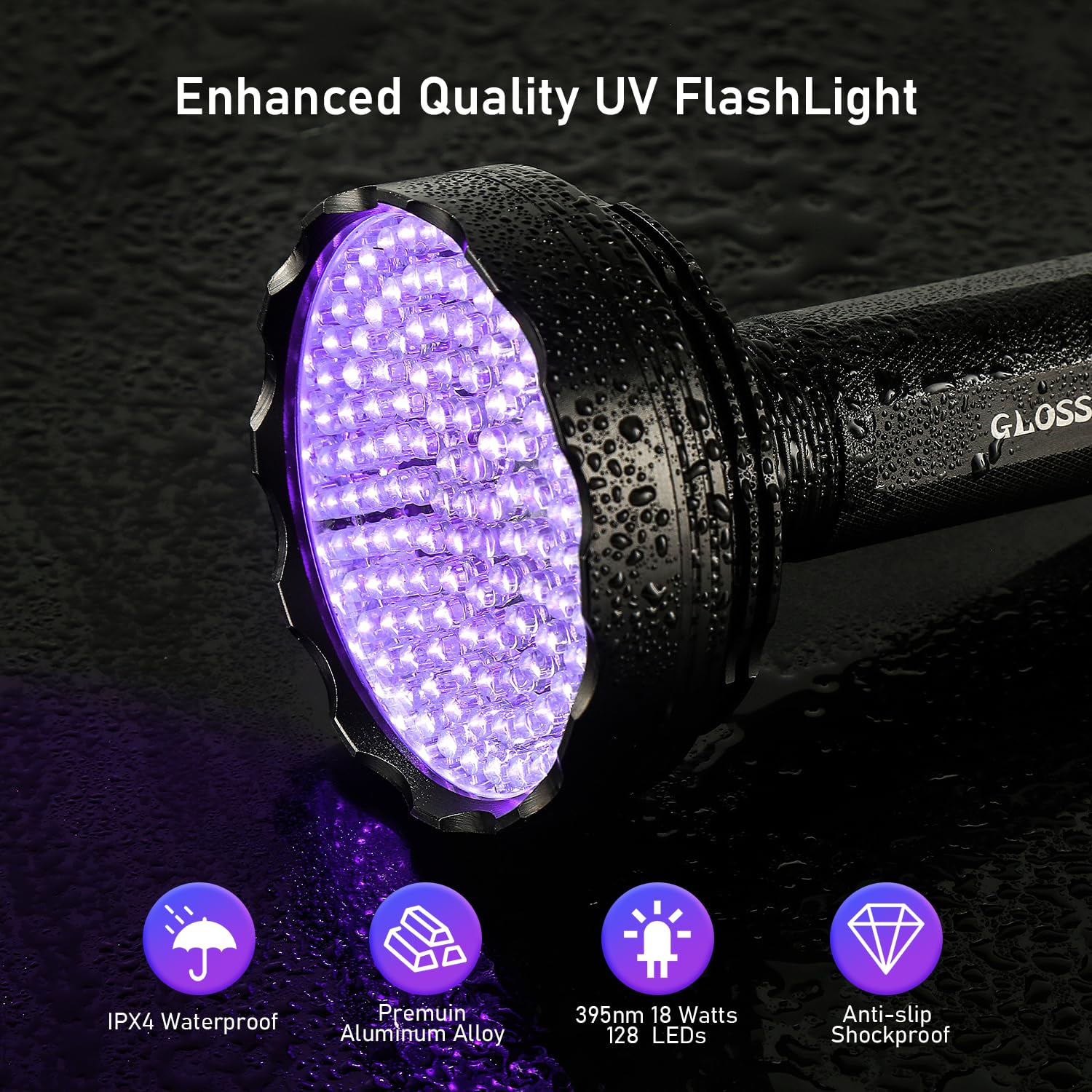 Glossday Blacklight Flashlight,128 Led Uv Flashlights,  Bright Ultraviolet Flashlight Professional Black Light For Dog/Cat, Hunting Scorpions