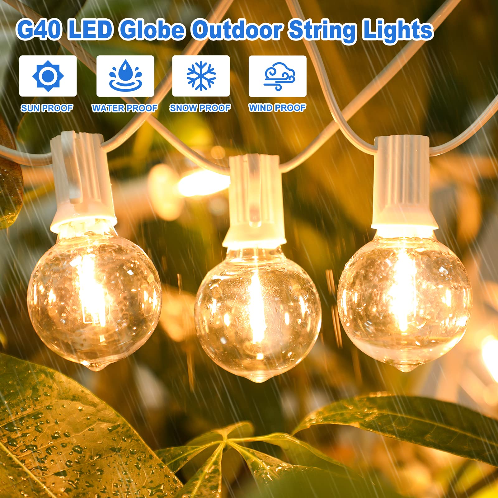 Bosceos 100Ft 2-Pack Outdoor G40 Led Globe String Lights Dimmable Shatterproof Waterproof Light Strings With 52 Bulbs Connectable Commercial Hanging Lights For Patio Balcony Backyard Party (White Wire)