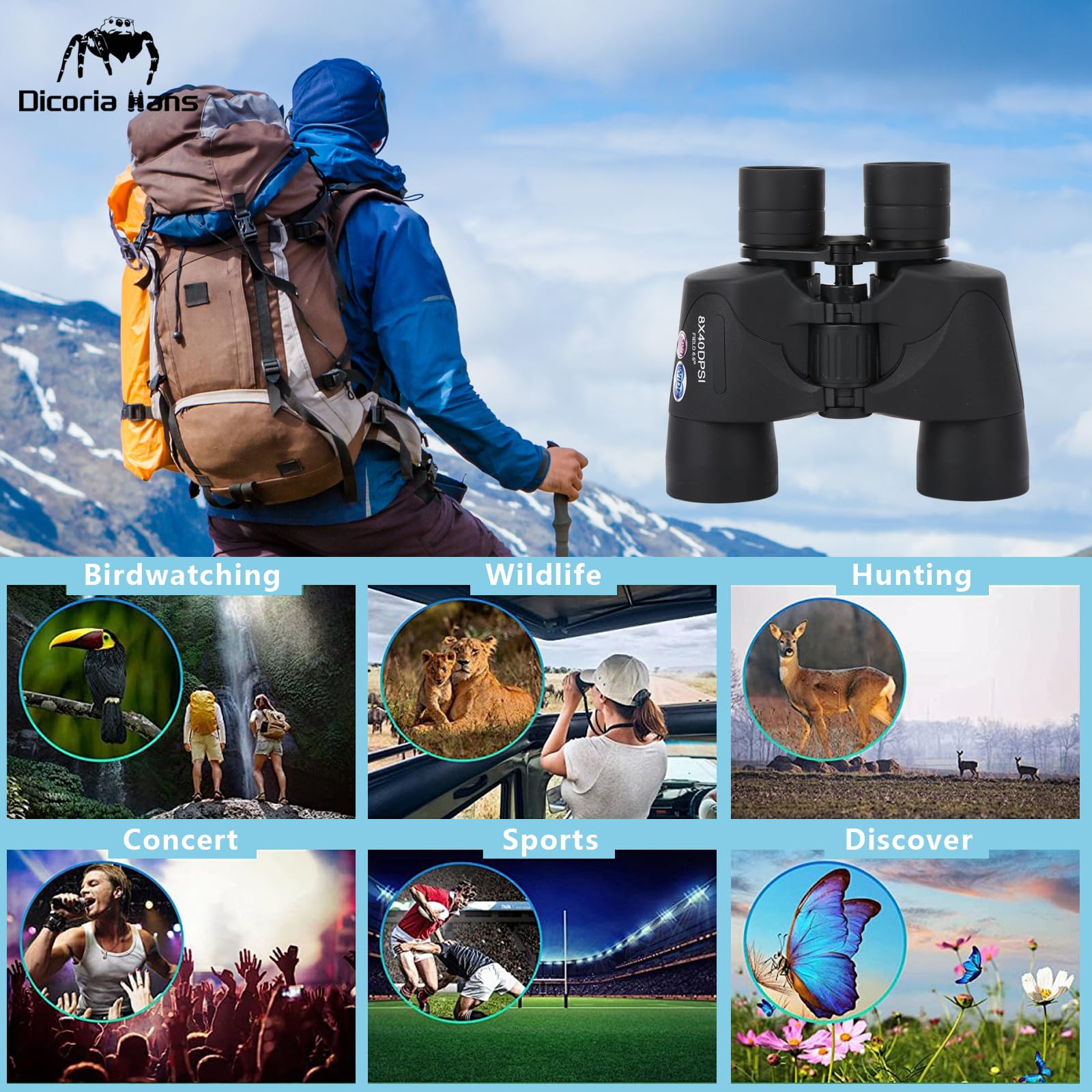 Dicoria Hans 8X40 Binoculars For Adults High Powered, Military Compact Hd Professional/Daily Waterproof Binoculars Telescope For Bird Watching Travel Hunting Football Games Stargazing