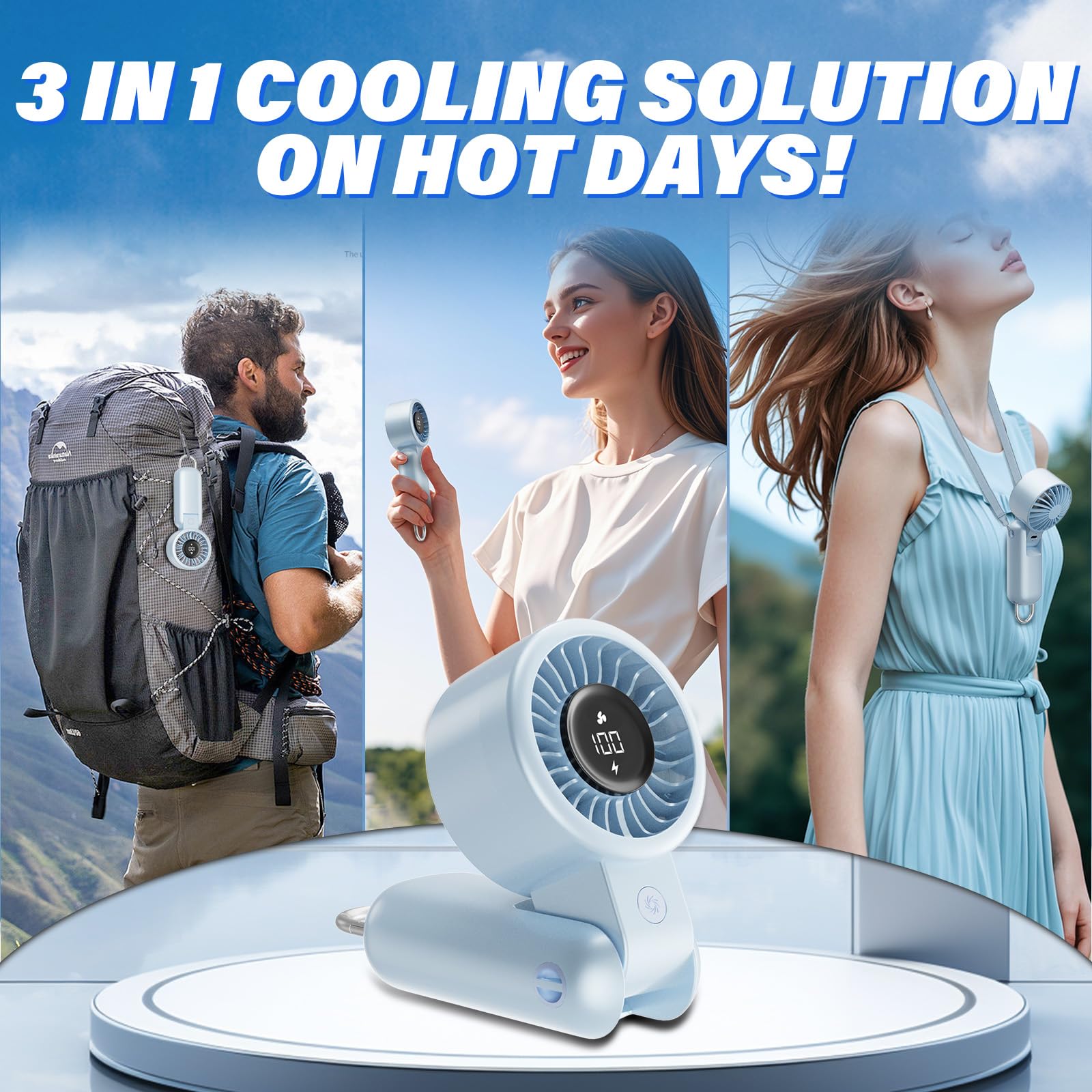 Handheld Fan - Portable Hand Held Turbo Fan With Led Display, 5 Speeds, Neck Lanyard, Usb