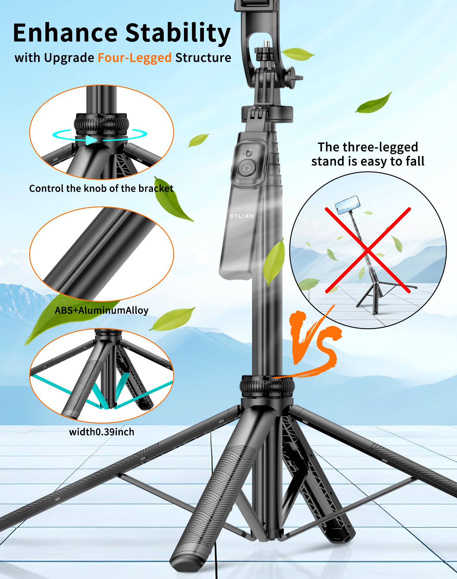 Stlian Selfie Stick Tripod Phone:70.8" Adjustable Stand For Iphone 15/Samsung S23/Gopro, Portable Tripod For Camera & Phone, Vlogging, Youtube Live Streaming, Travel Photography