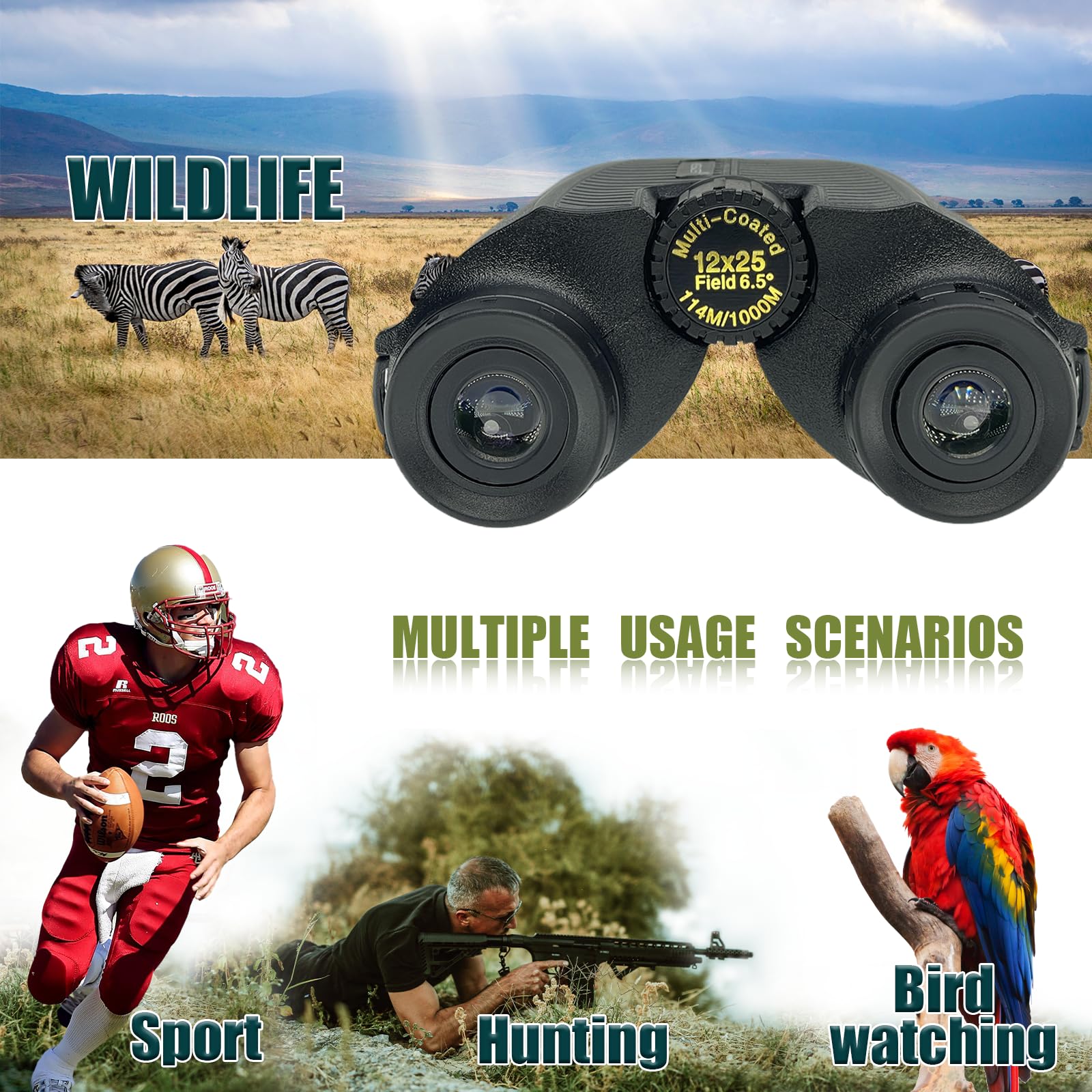 Hidegazer 12X25 Compact Binoculars For Adults And Kids - High Powered Binoculars For Bird Watching, Hunting, Travel, Hiking, Camping, Sport