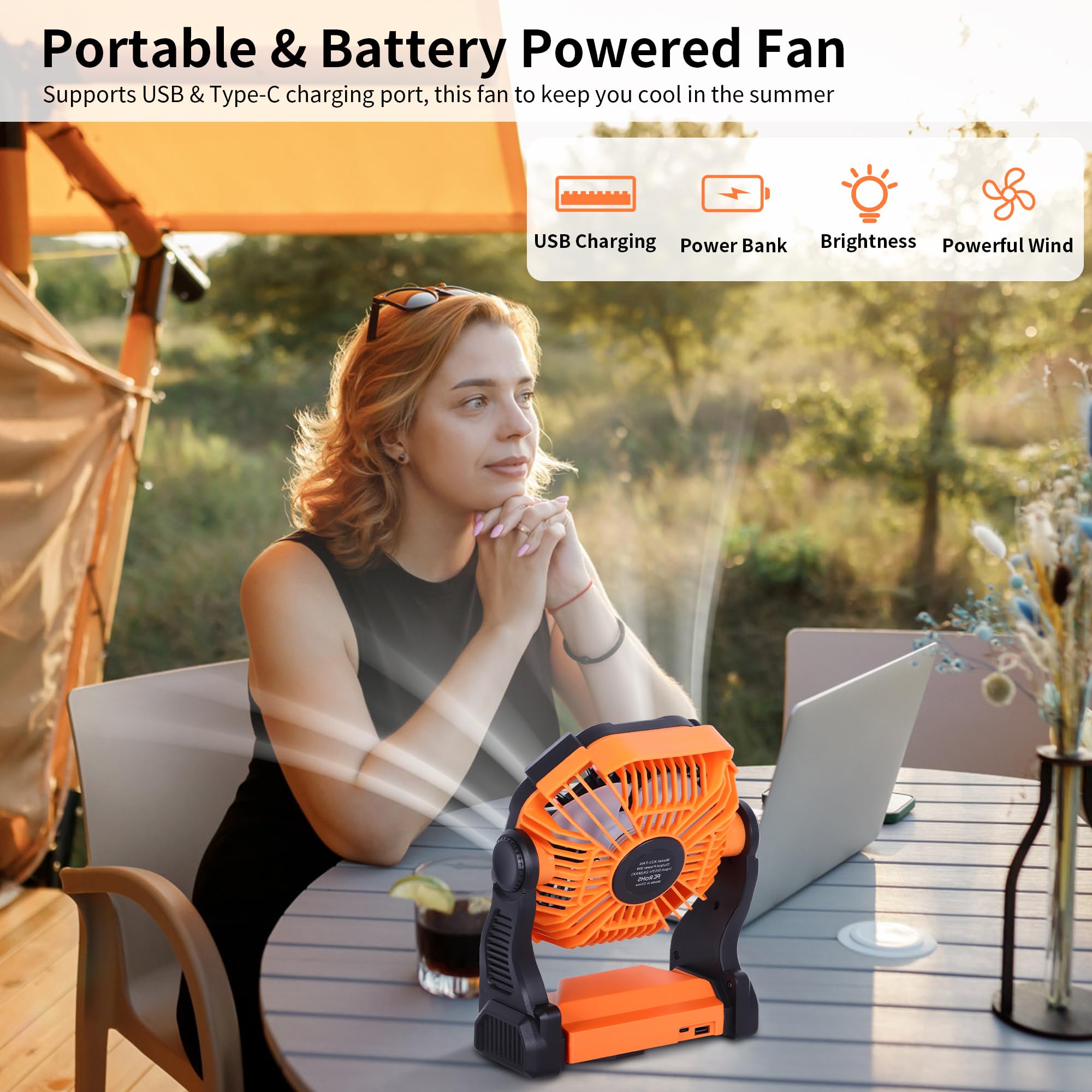 270° pivot rechargeable battery-powered fan, portable design ideal for camping, outdoor adventures, and tents