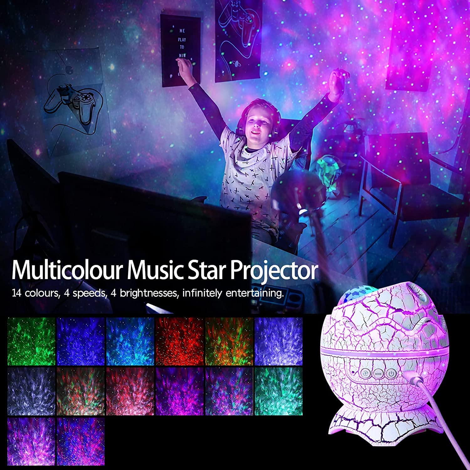 Szpacmate Dinosaur Egg Galaxy Star Projector Starry Light With Wireless Music Player, Night Light With White Noise, Nebula,Timer & Remote Control Best  & Decoration For Children'S And Adults' Bedroom