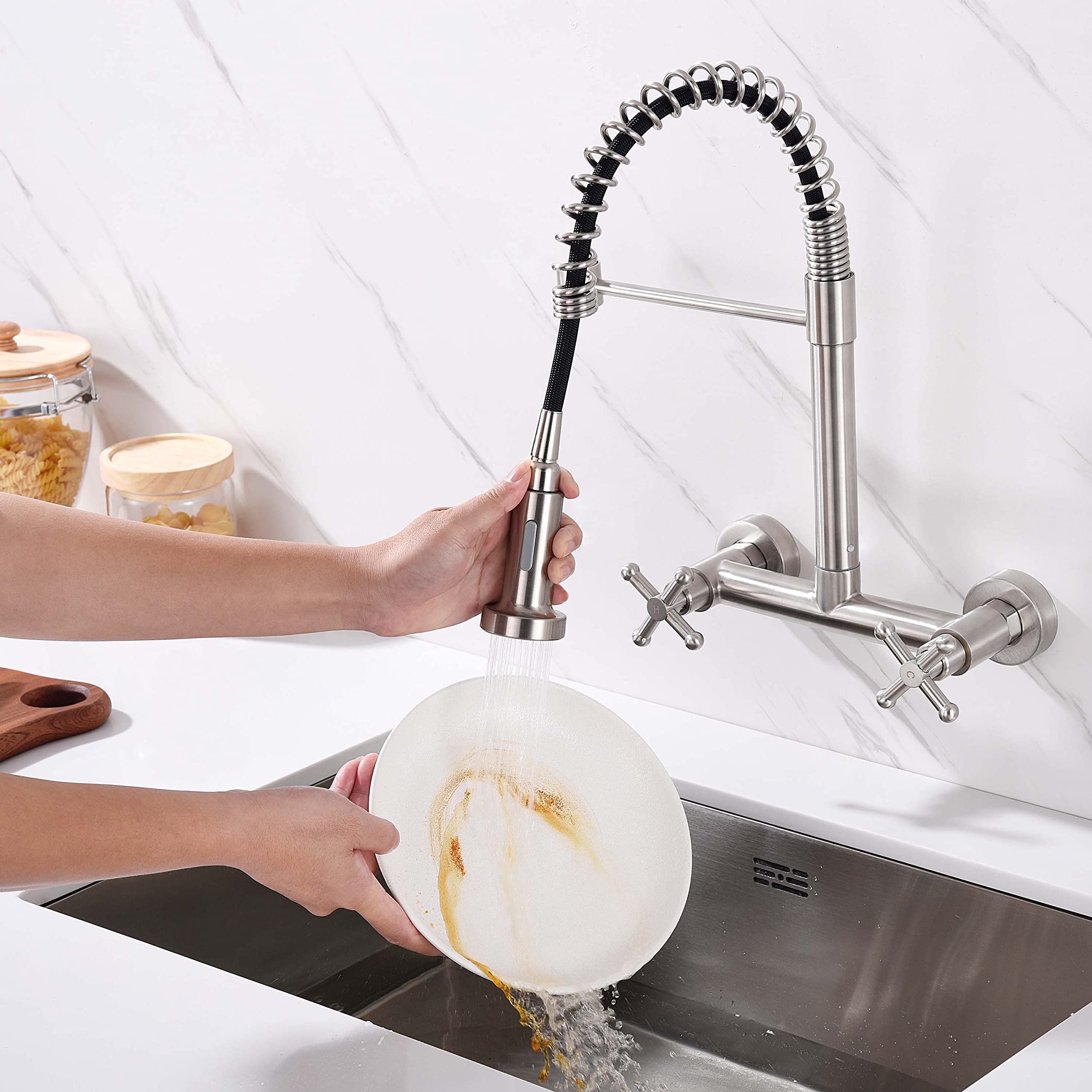 Hosilova Wall Mount Kitchen Sink Faucet With Pull Out Sprayer Tow Function Commercial Spring Faucets 2 Industrial Handle High Arc Center Kitchen Faucets, Brushed Finish