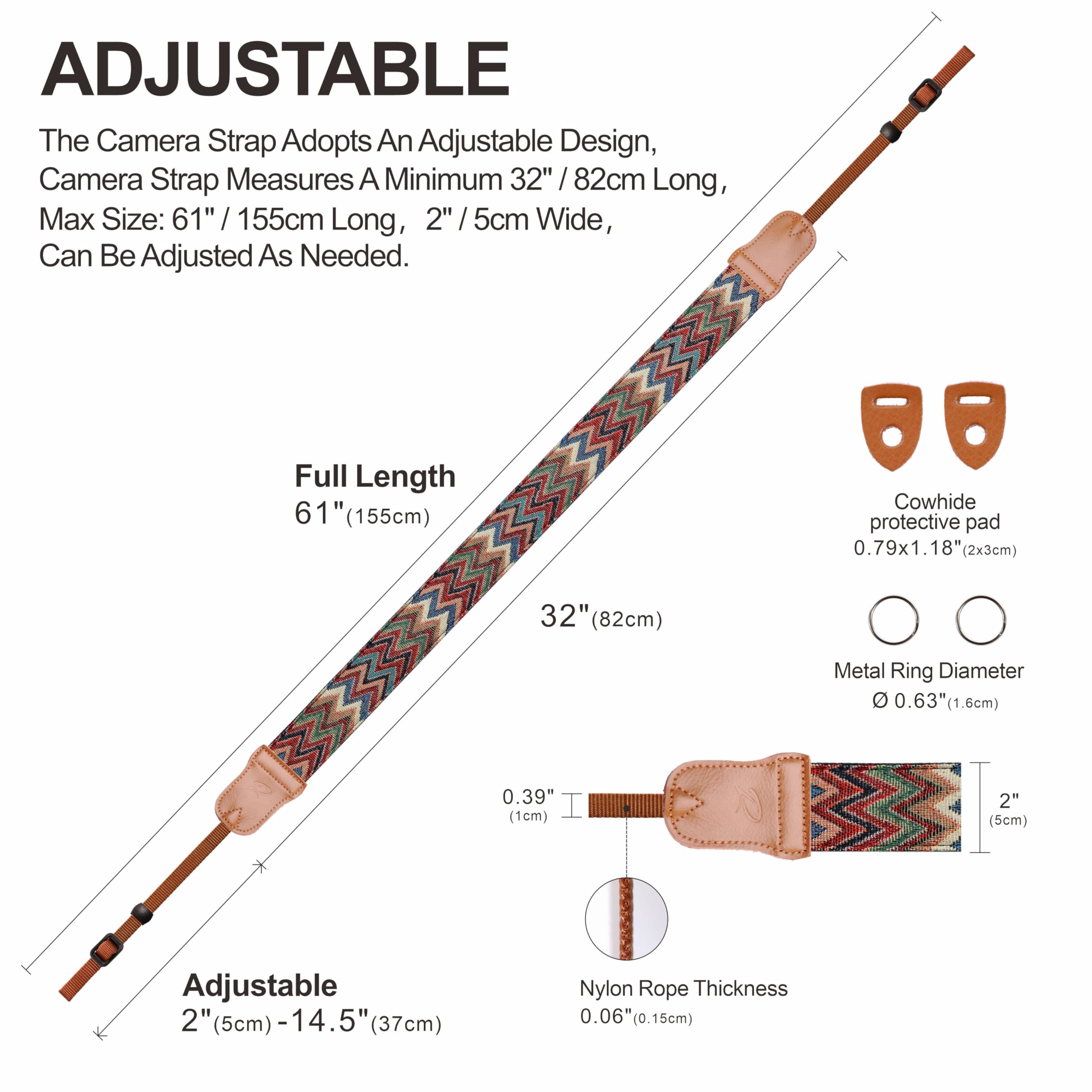 Padwa Lifestyle Camera Strap - 2" Cowhide Head Camera Straps For Photographers,Vintage Jacquard Embroidery Woven Cotton Adjustable Shoulder Neck Straps For Cameras,Binoculars（Cool Ethnic Style Waves）
