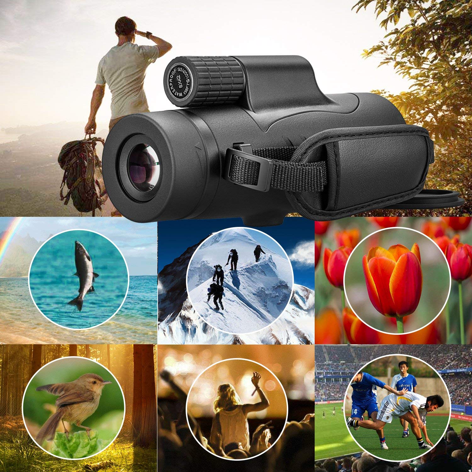 Feemic Monocular Telescope High Power 8X42 Monoculars Scope Compact Waterproof Fogproof Shockproof With Hand Strap For Adults Kids Bird Watching Hunting Camping Hiking Travling Wildlife Secenery