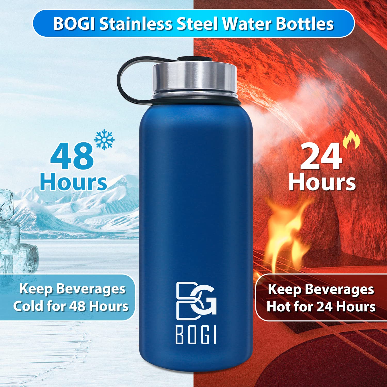 Bogi Insulated Water Bottle 32 Oz, Double Wall Vacuum Stainless Steel Water Bottle With Straw