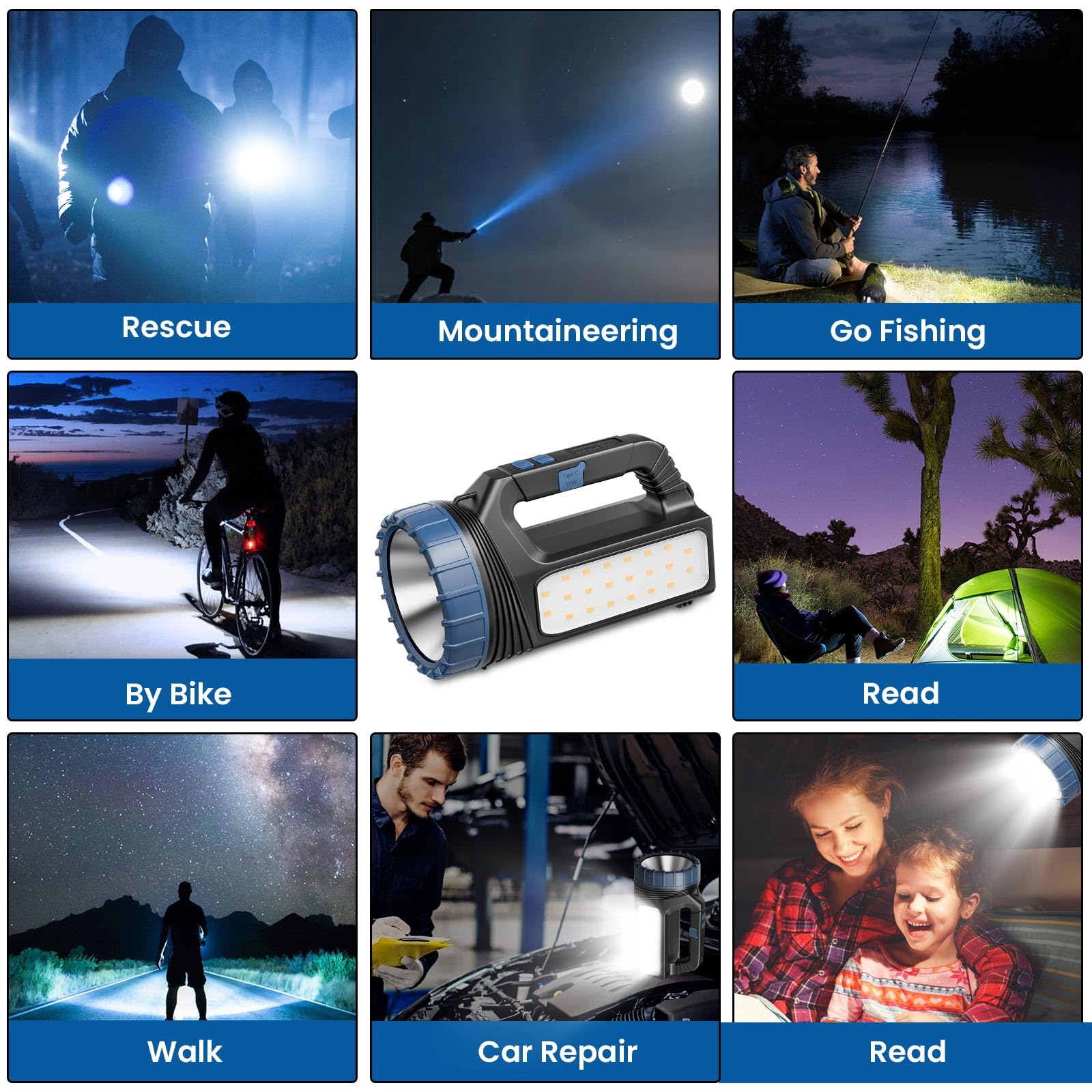 E-Shidai Solar Flashlights, Solar Flashlight For Multi Function 8000 Lumens Led Flashlight With Emergency Strobe Light Emergencies, Led High Lumens, Usb C And Large Capacity Battery Fast Charging