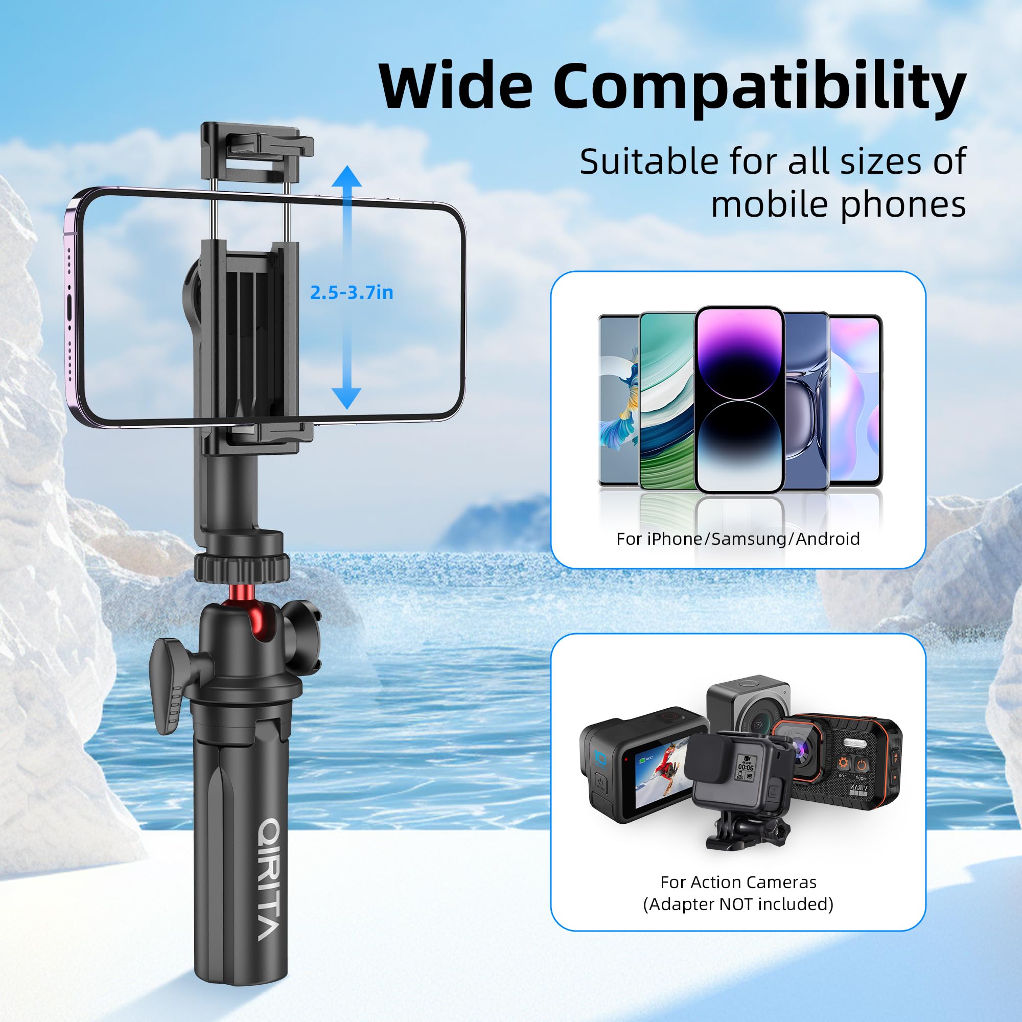 Qirita Mini Tripod & Desk Stand, 360° Rotatable Small Tripod Stand With Phone Holder & Cold Shoe, Selfie Stick Travel Tripod For Iphone/Android/Camera, Mini Hand Grip For Live Stream, Video Calls, Tiktok