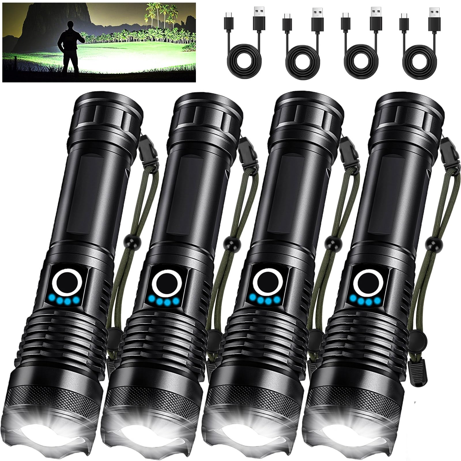 Lylting 4 Pack Rechargeable Led Flashlights High Lumens, 990,000Lm Super Bright Flashlight, Adjustable Powerful Flash Light With Usb Cable & 5 Modes, Waterproof Handheld Flashlight For Home Camping