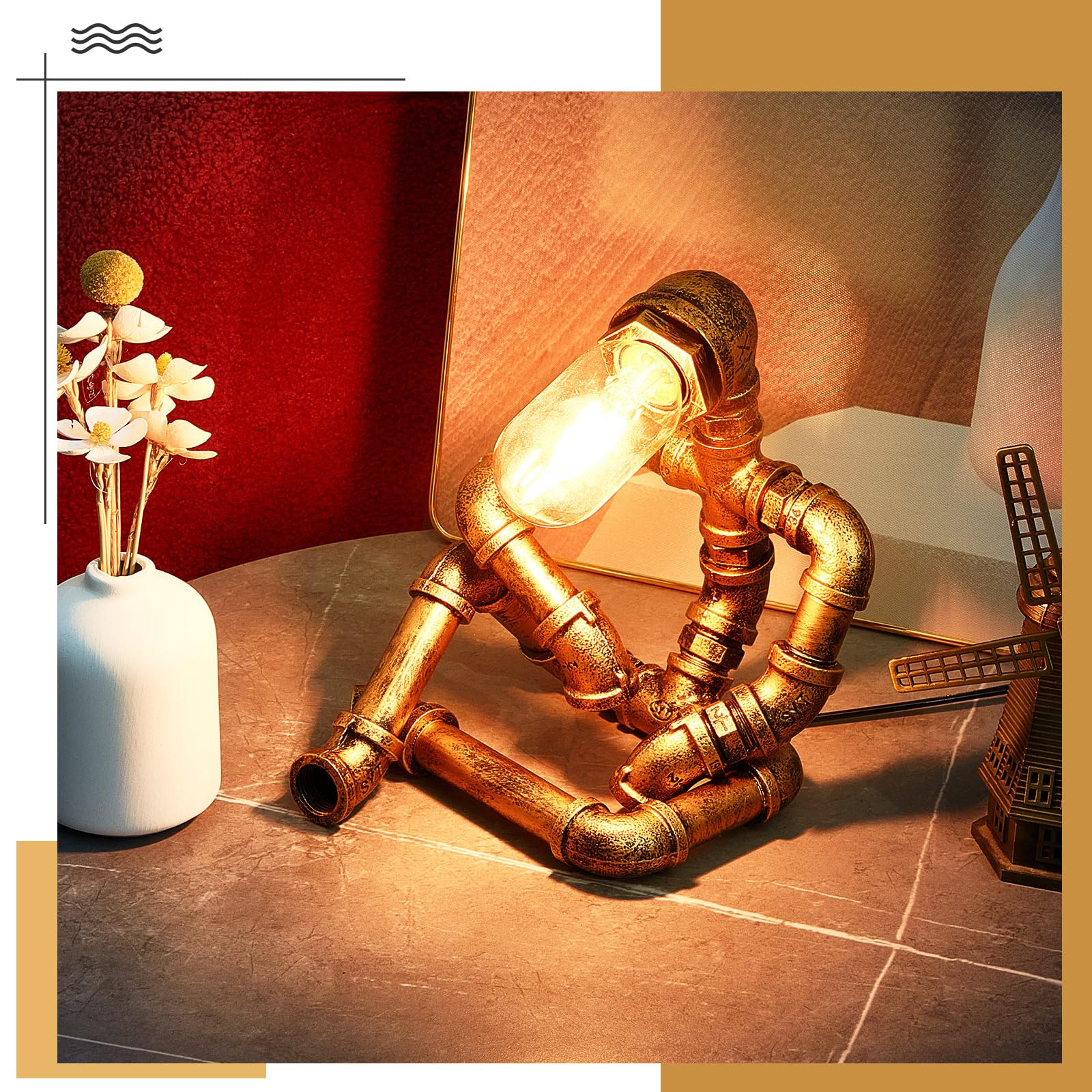 Vihose Metal Pipe Lamp Industrial Iron Robot Desk Lamp Cool Creative Robot Light For Men Office Home Restaurant Bedside Bedroom Living Room(Steampunk Style,Bronze)