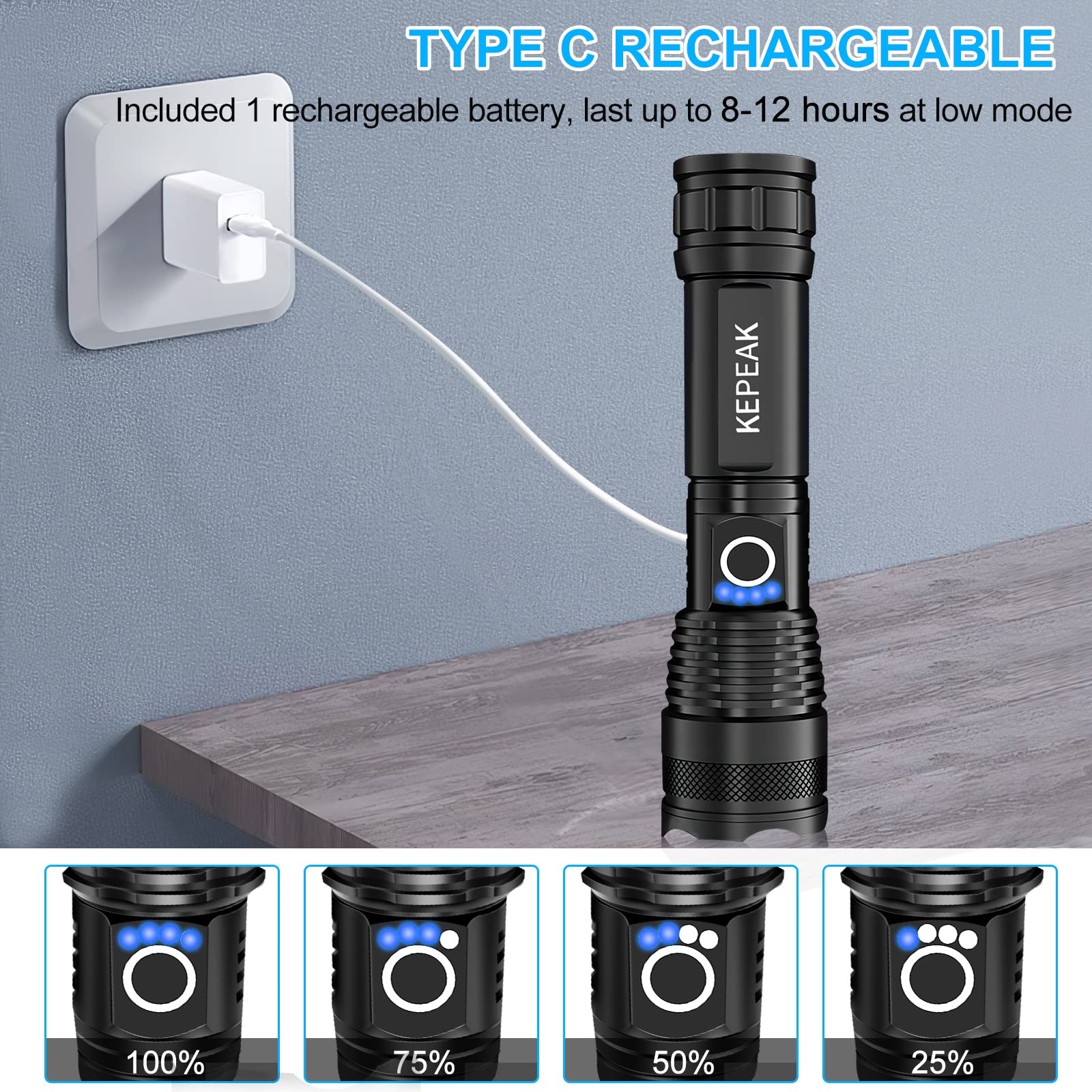 Kepeak Flashlight, Rechargeable 5000 High Lumen Tactical Handheld Waterproof Zoomable Led Flashlight With 5 Light Modes For Emergency, Camping And Hiking