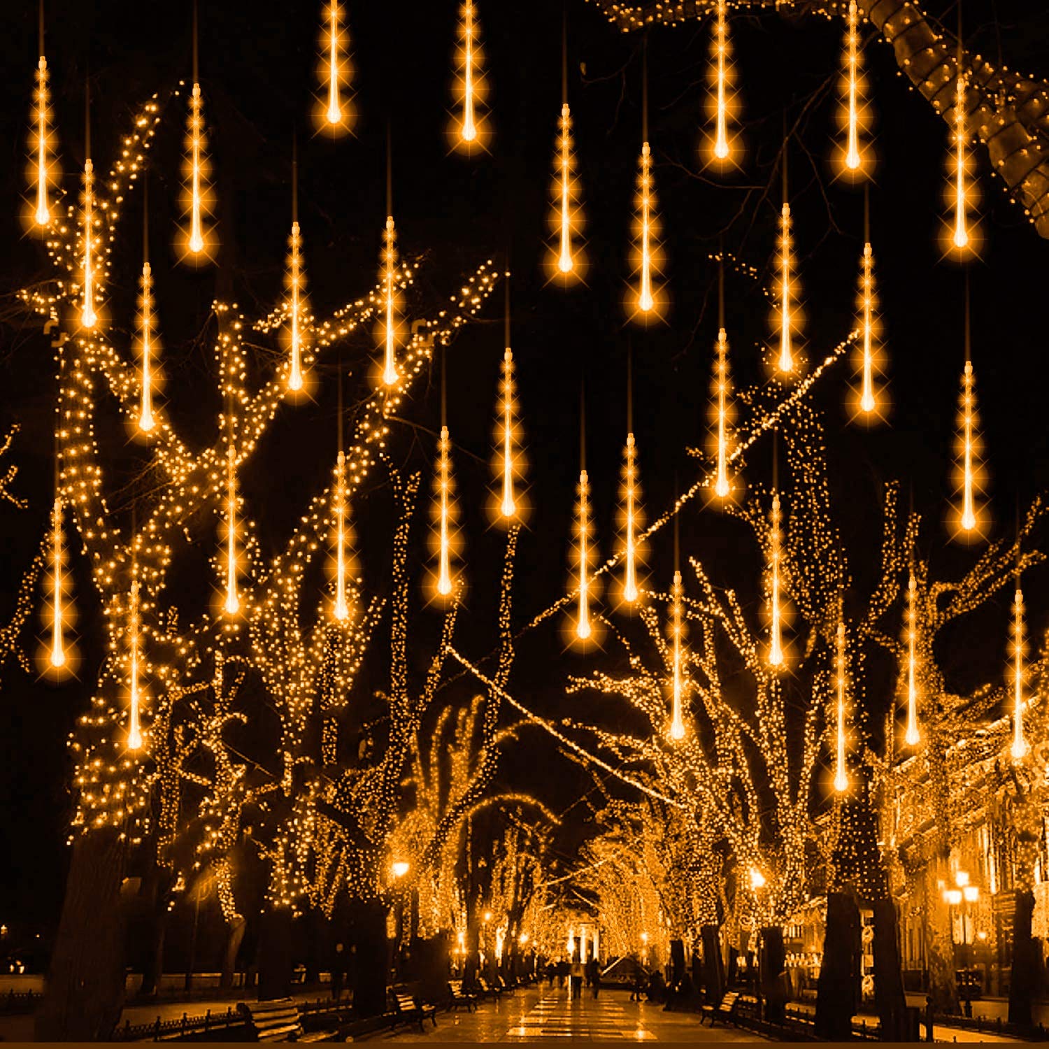 Funpeny Meteor Shower Rain Lights, 288 Led Icicle Snow Falling Christmas Lights, Outdoor Raindrop, Xmas Tree Holiday Decoration, Warm White