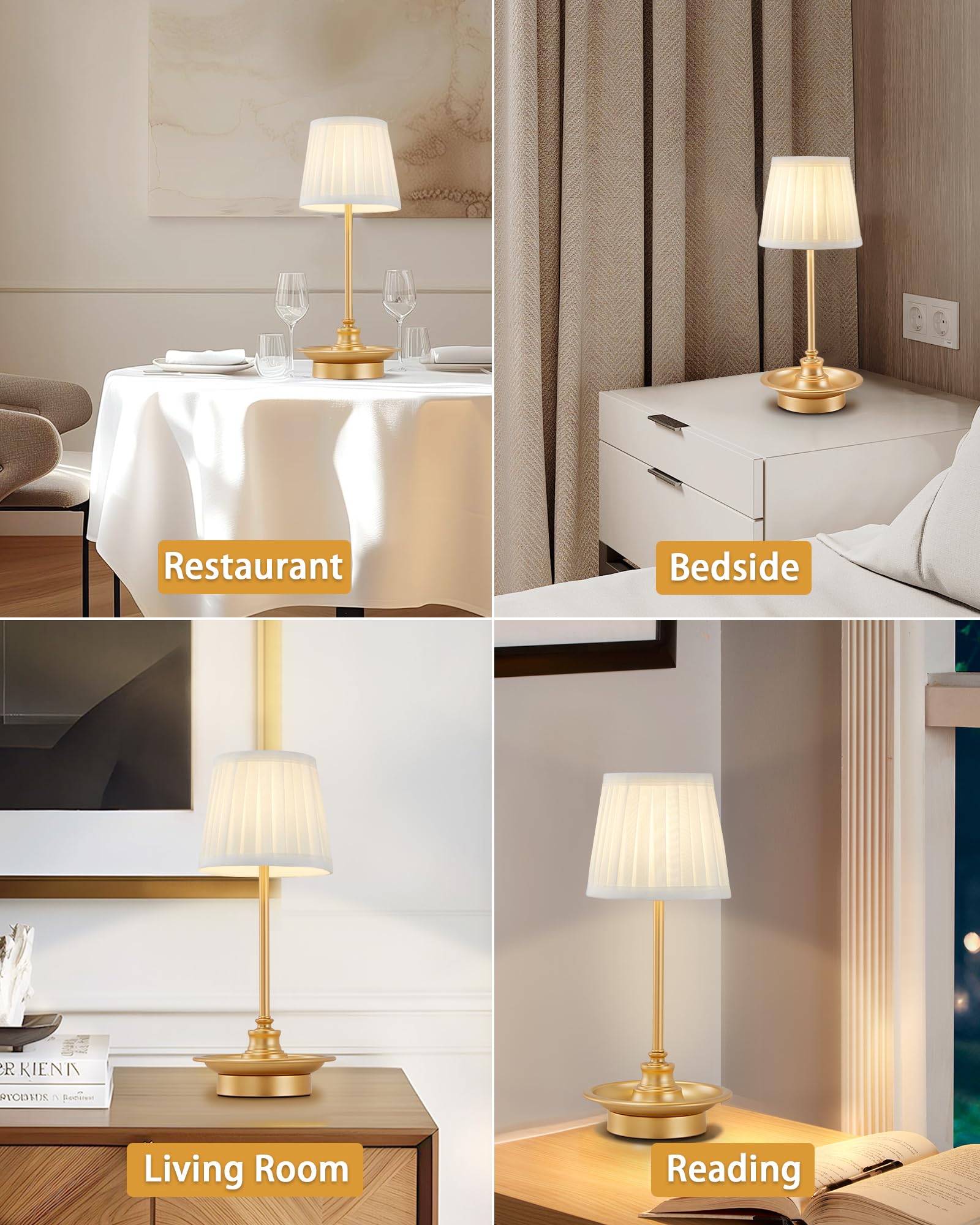 Gyrovu Cordless Table Lamp Rechargeable, Battery Operated Led Table Lamps, Portable Touch Wireless Lamp, 3-Level Brightness Small Bedside Table Lamp Bedroom Ambient Lamp For Restaurant (Fabric Shade)